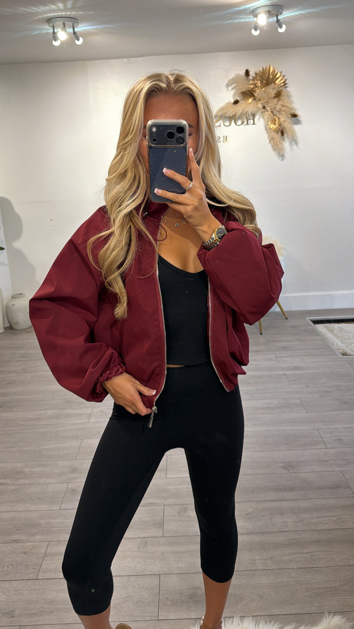 Cinched windbreaker style jacket burgundy