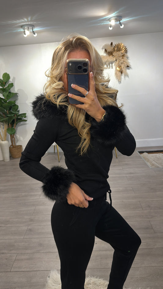 Luxury Faux Fur Trimmed Hoodie and Joggers Set black