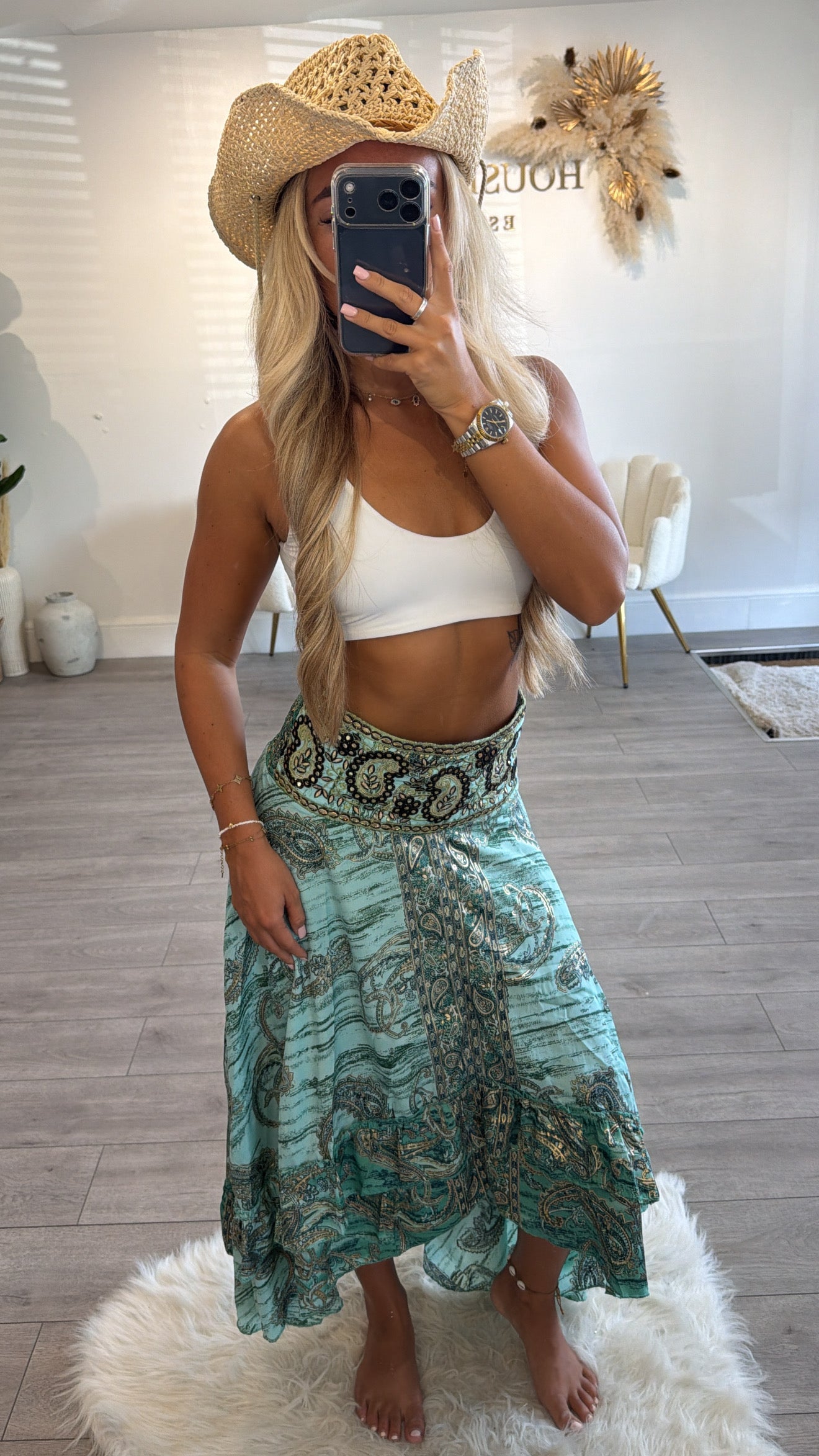 Our boho pattern ruffle skirt blue