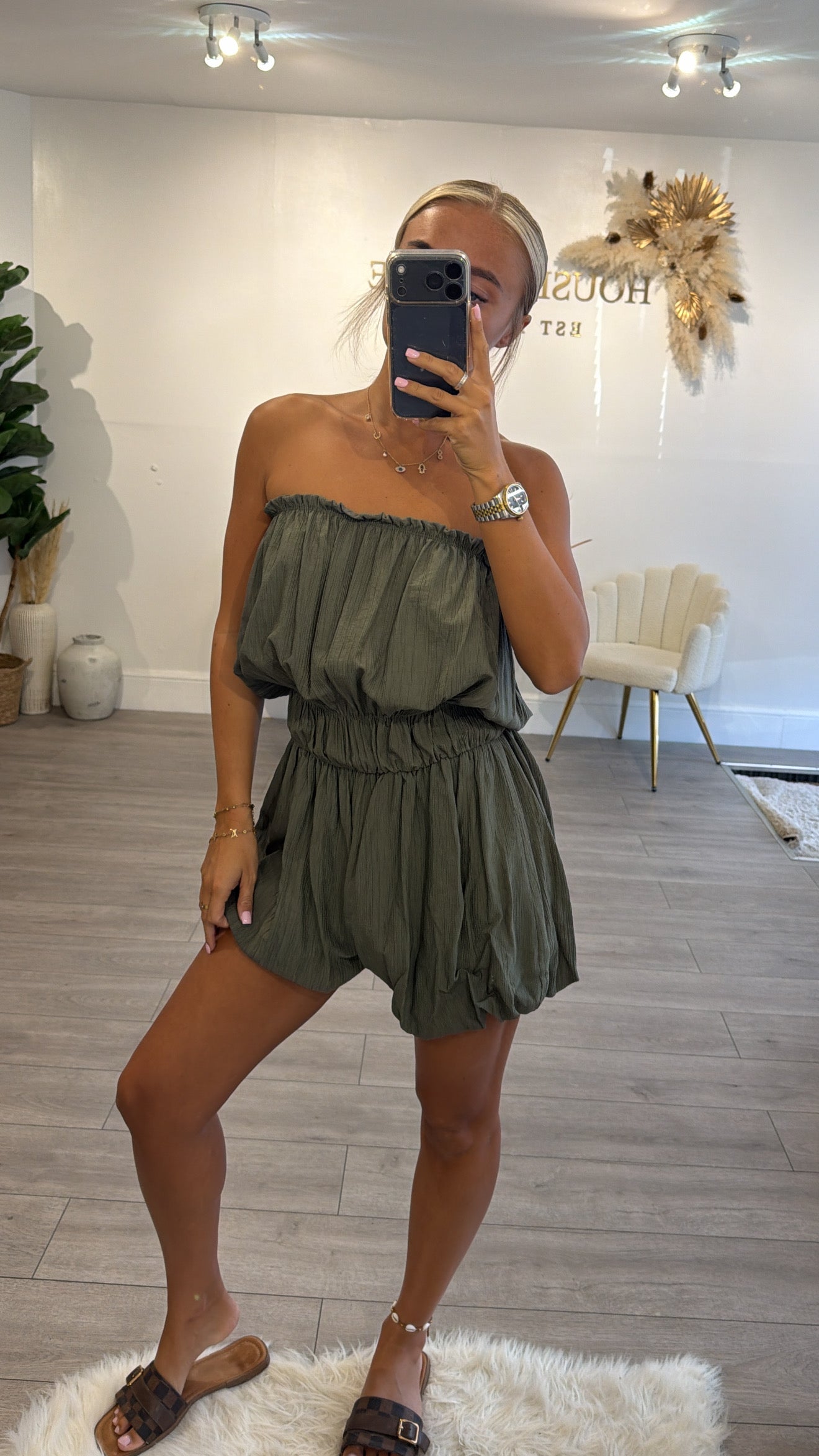 Strapless playsuit khaki