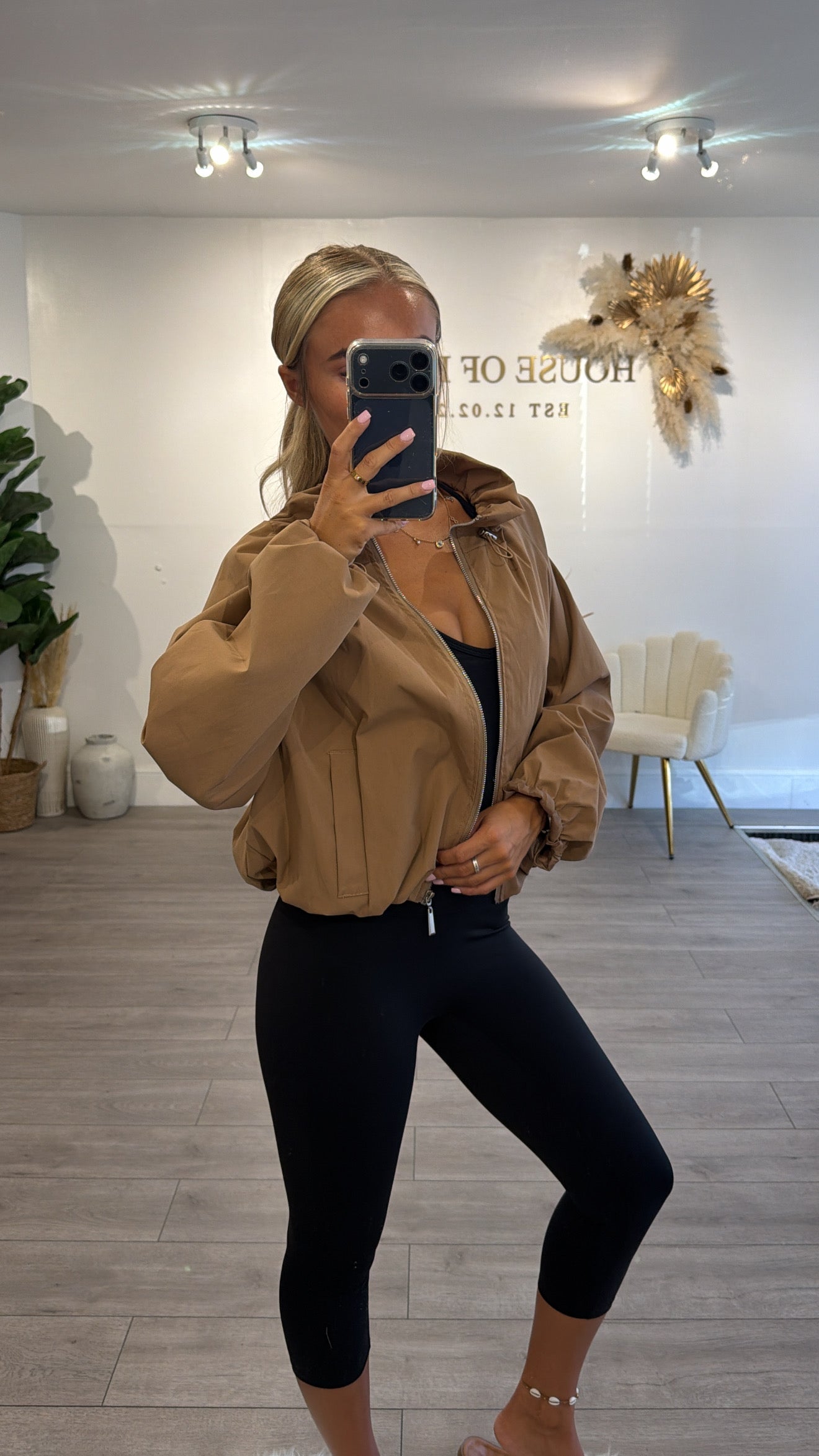 Cinched windbreaker style jacket tan