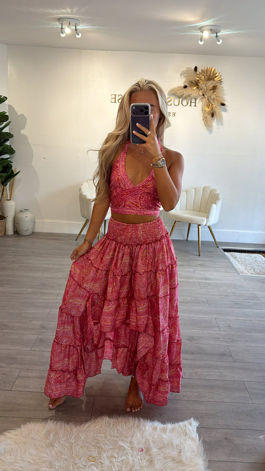 Halter neck tie up top and matching ruffle skirt pink