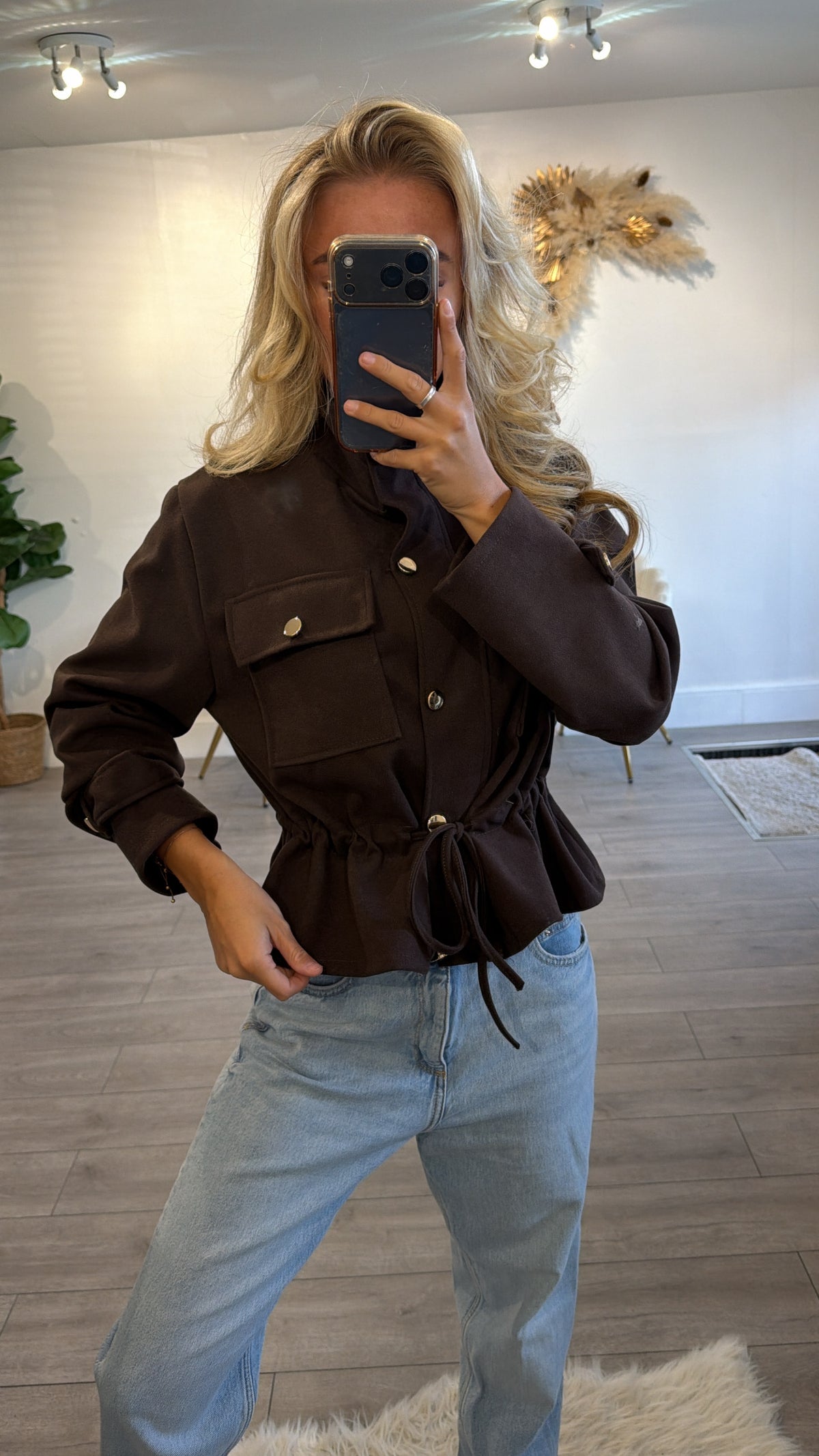Cinched waist gold button jacket chocolate