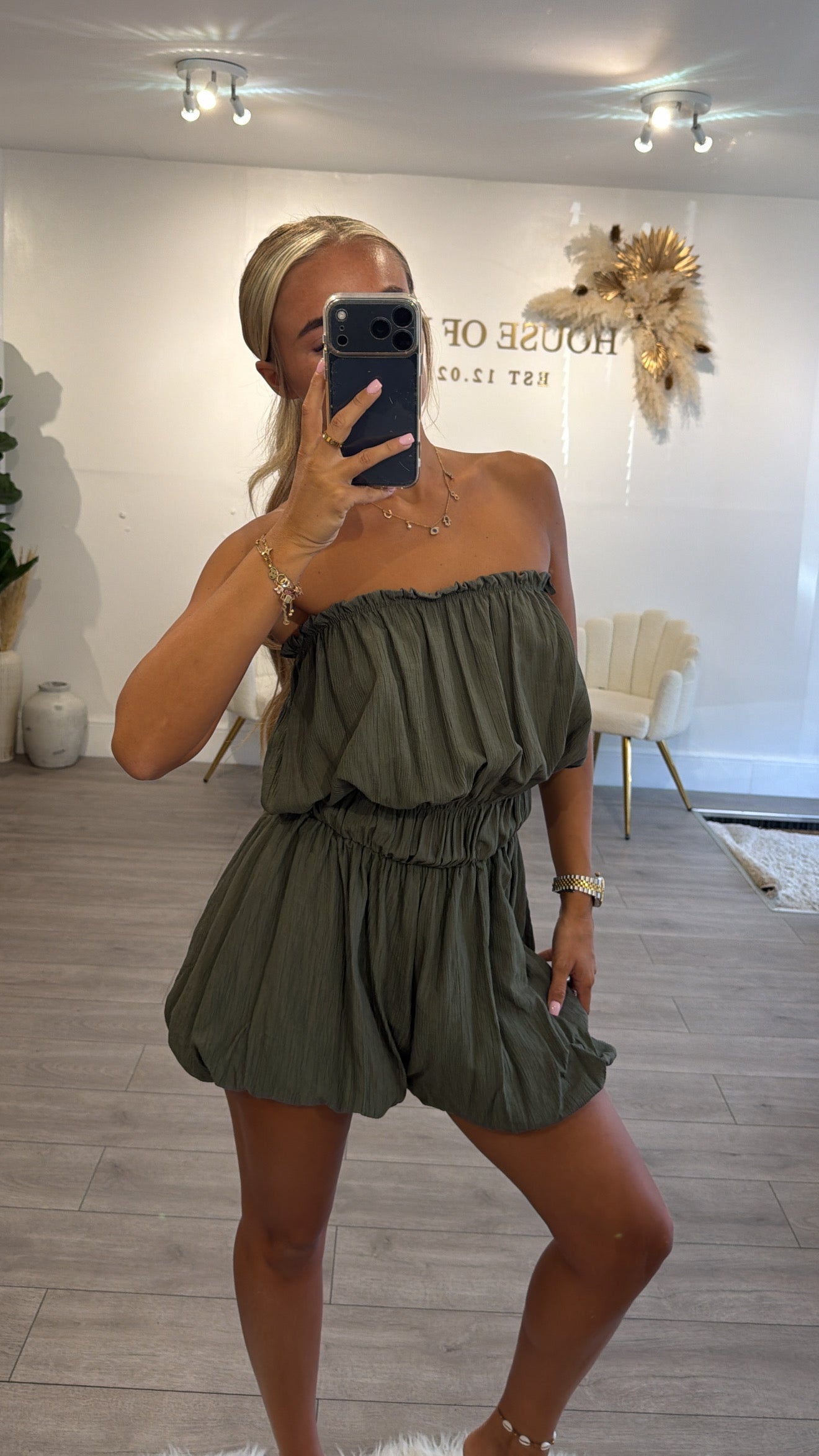 Strapless playsuit khaki