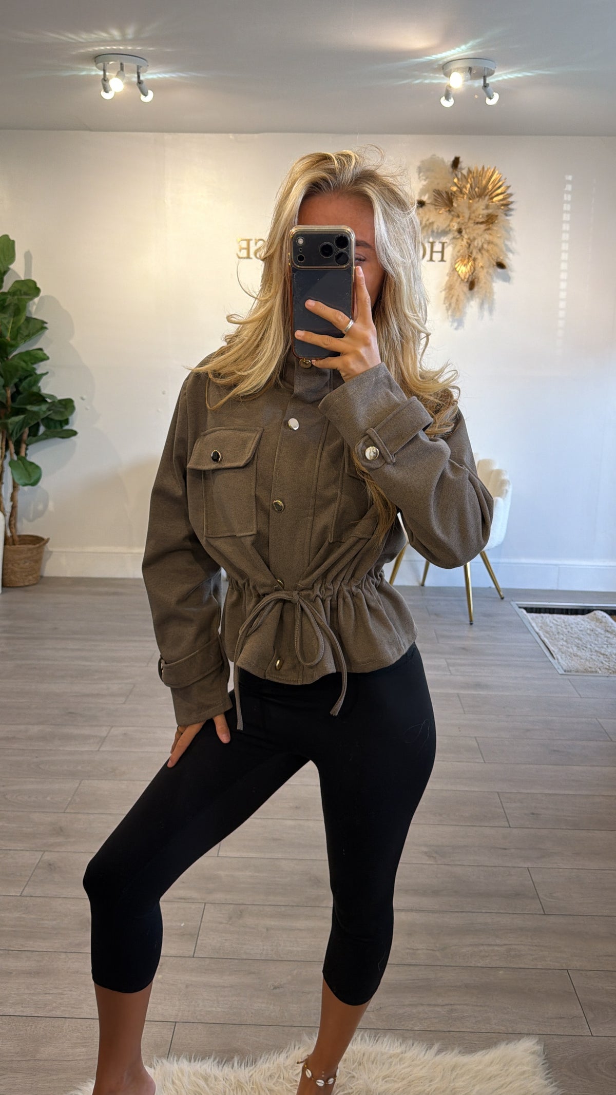 Cinched waist gold button jacket mocha
