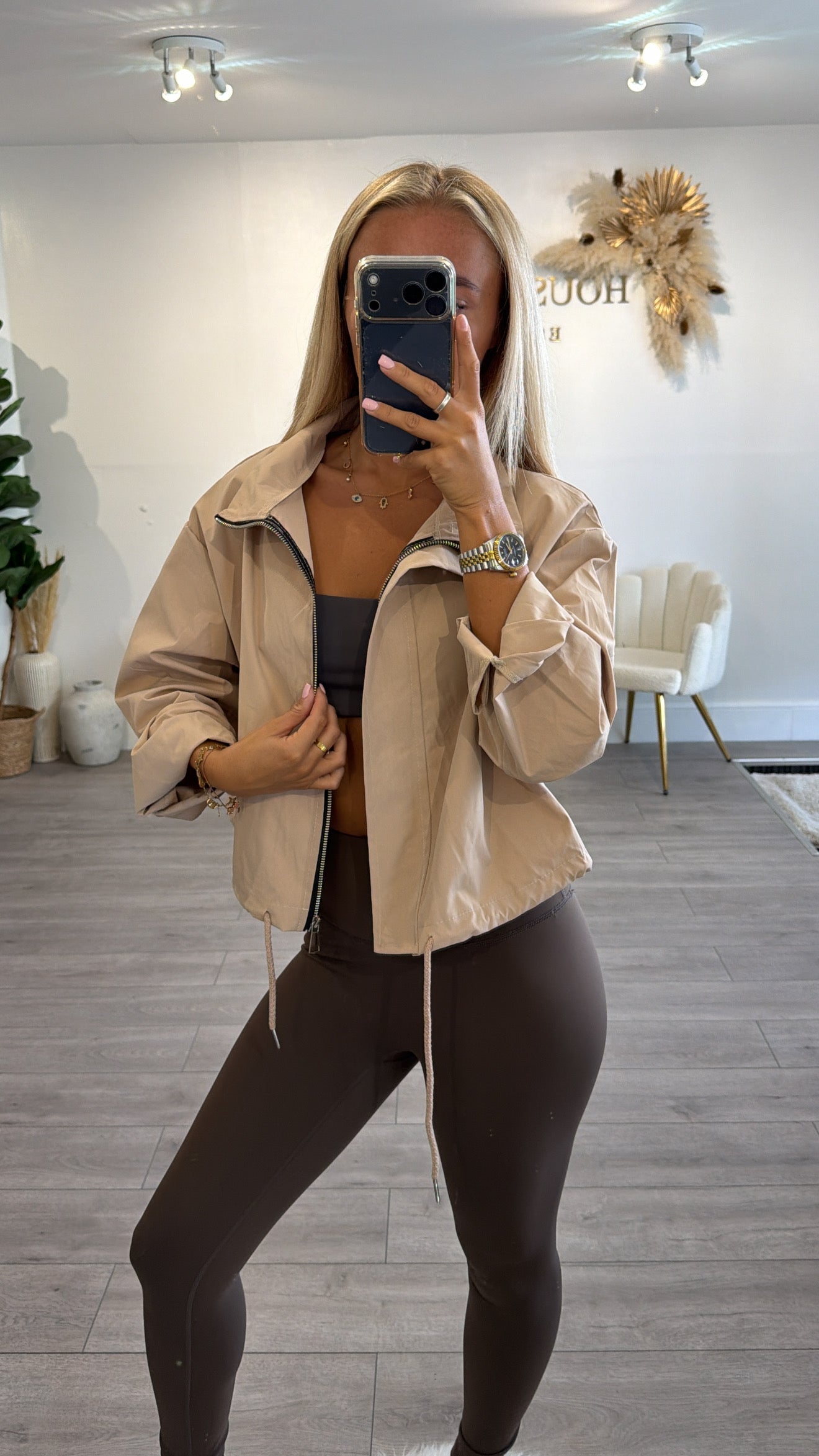 Windbreaker tie bottom jackets beige