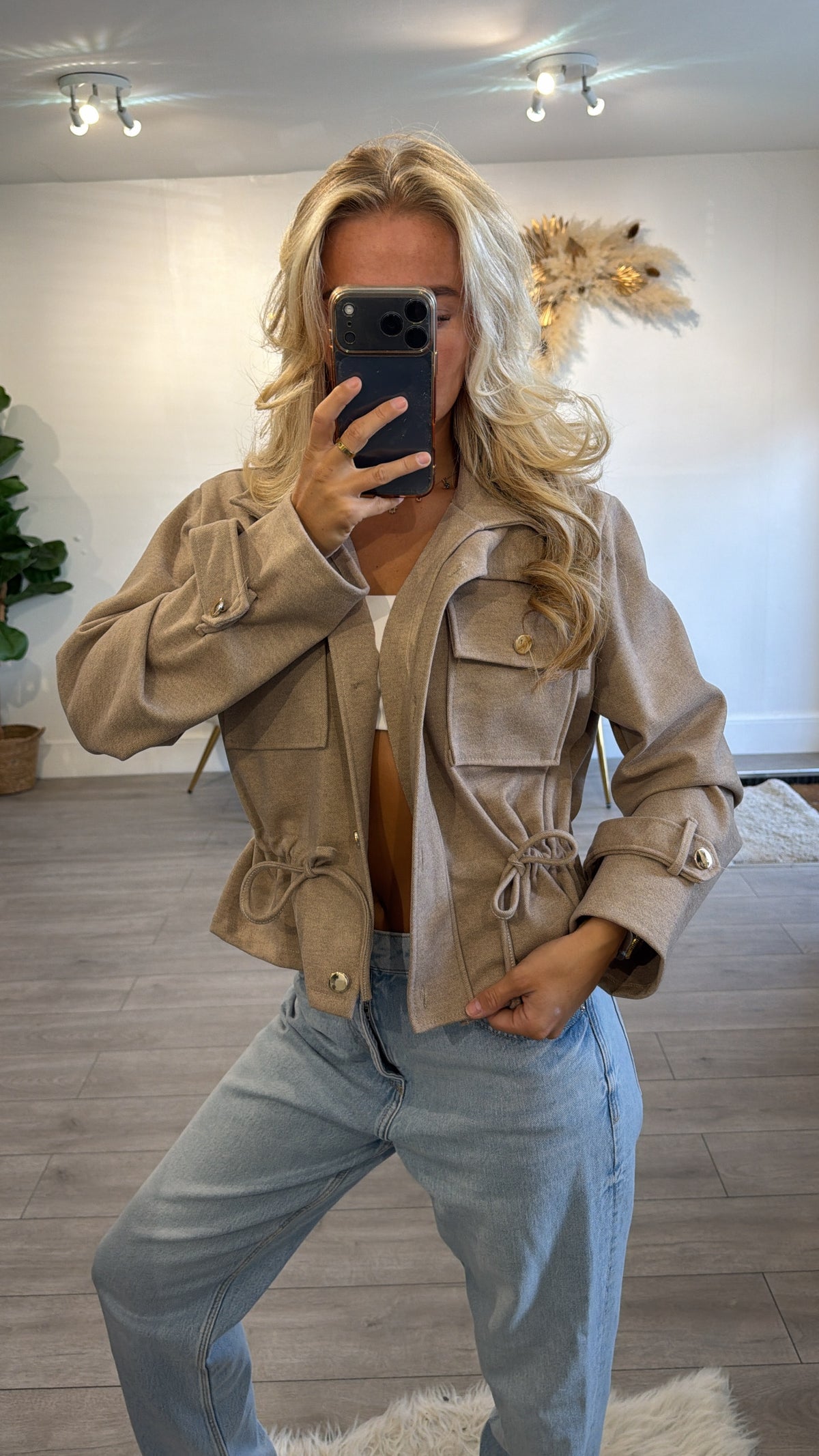 Cinched waist gold button jacket taupe