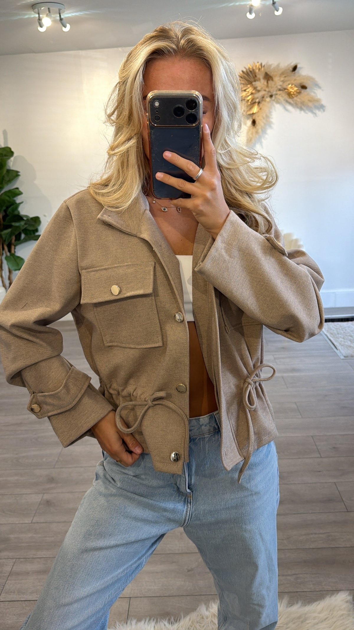 Cinched waist gold button jacket taupe