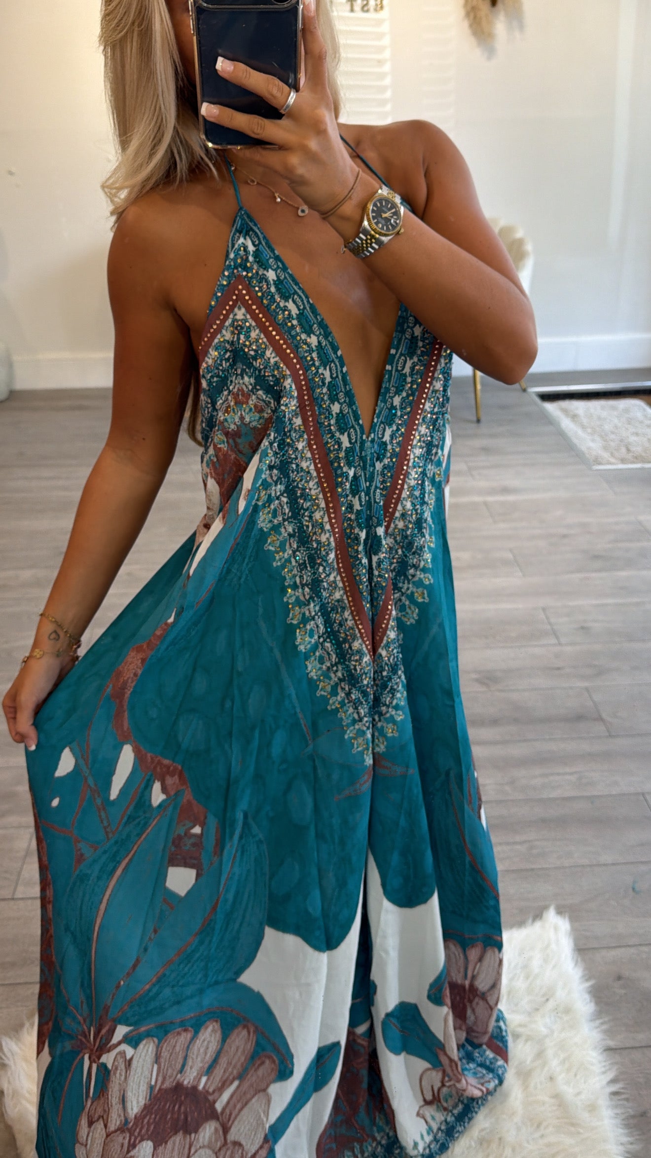 Our tie up halter neck maxi dress turquoise