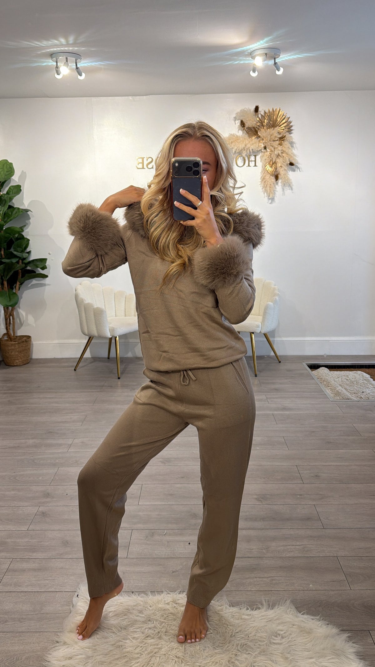 Luxury Faux Fur Trimmed Hoodie and Joggers Set taupe
