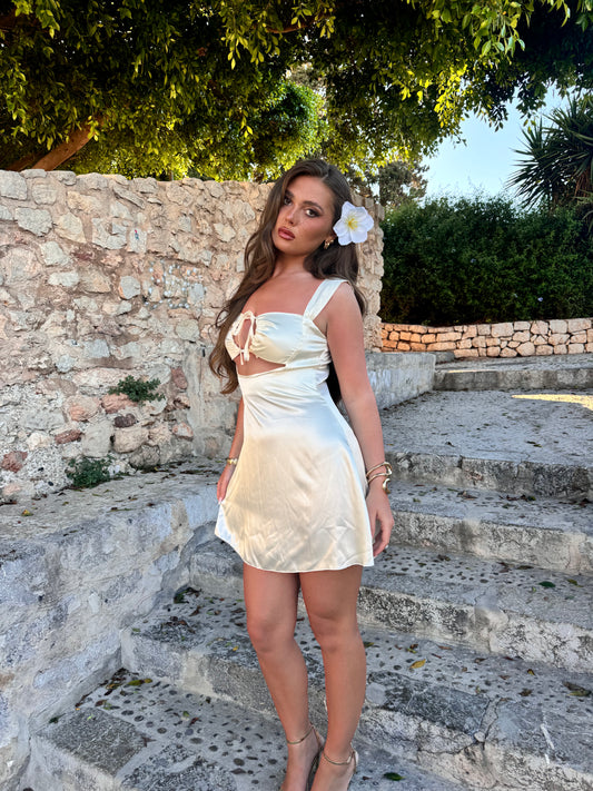 The ‘DAISY’ cream satin mini dress