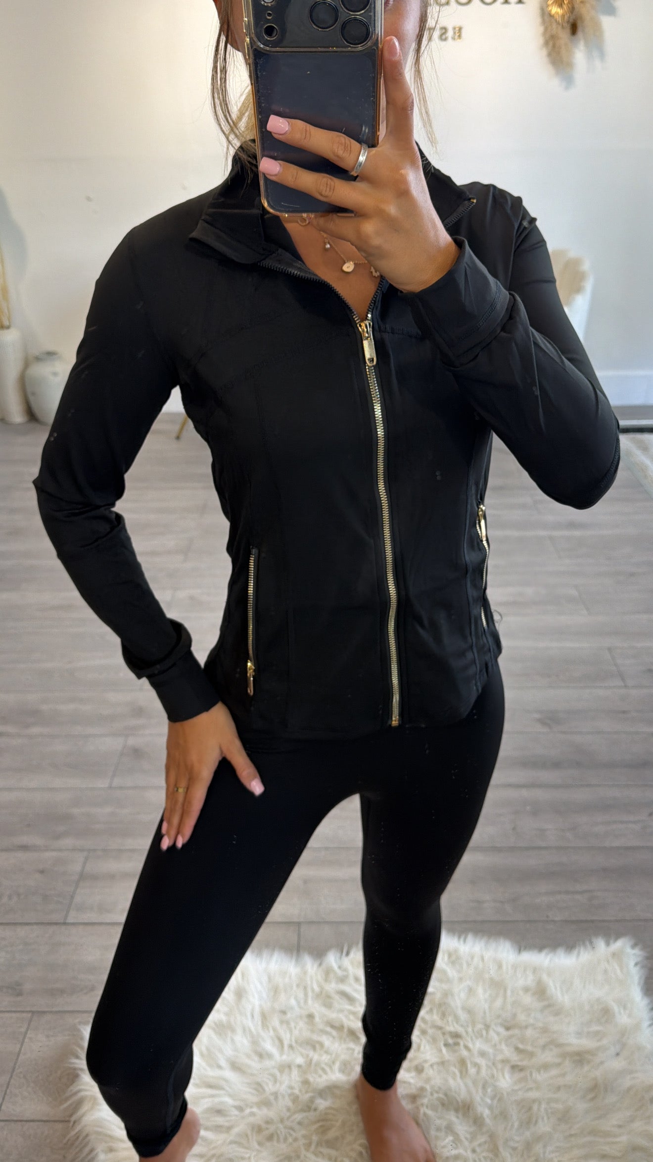 Gold zip up gym jacket and leggings set black
