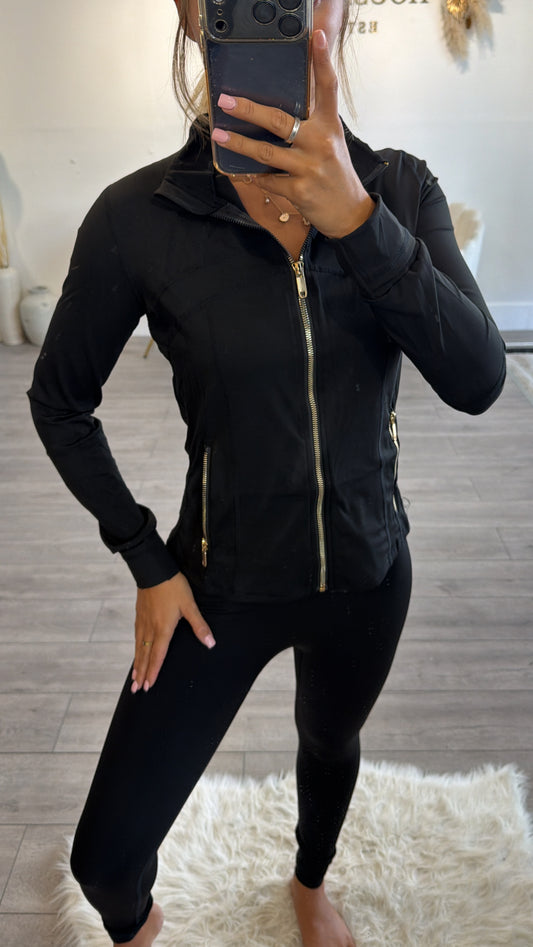 Gold zip up gym jacket and leggings set black
