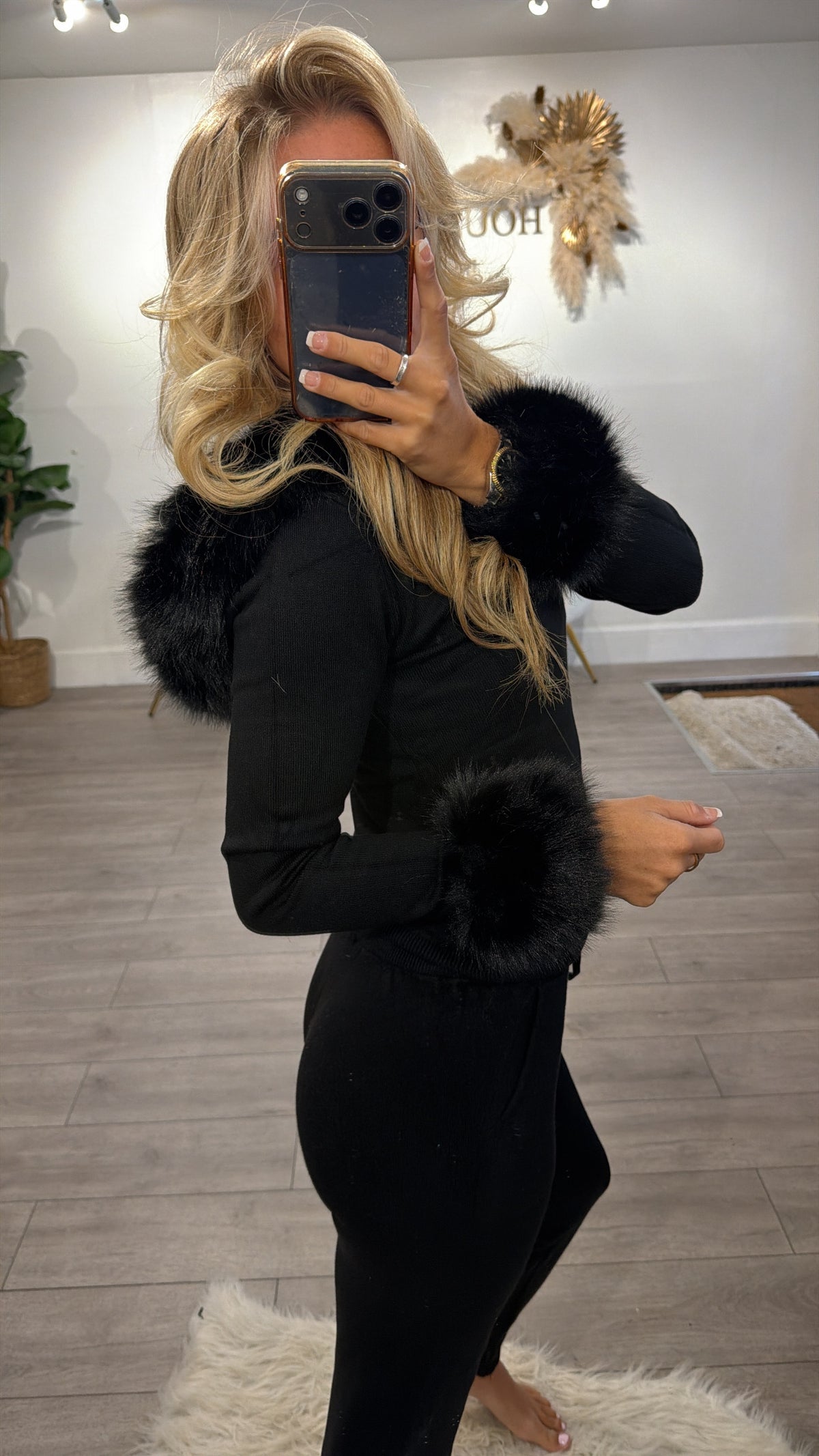 Luxury Faux Fur Trimmed Hoodie and Joggers Set black