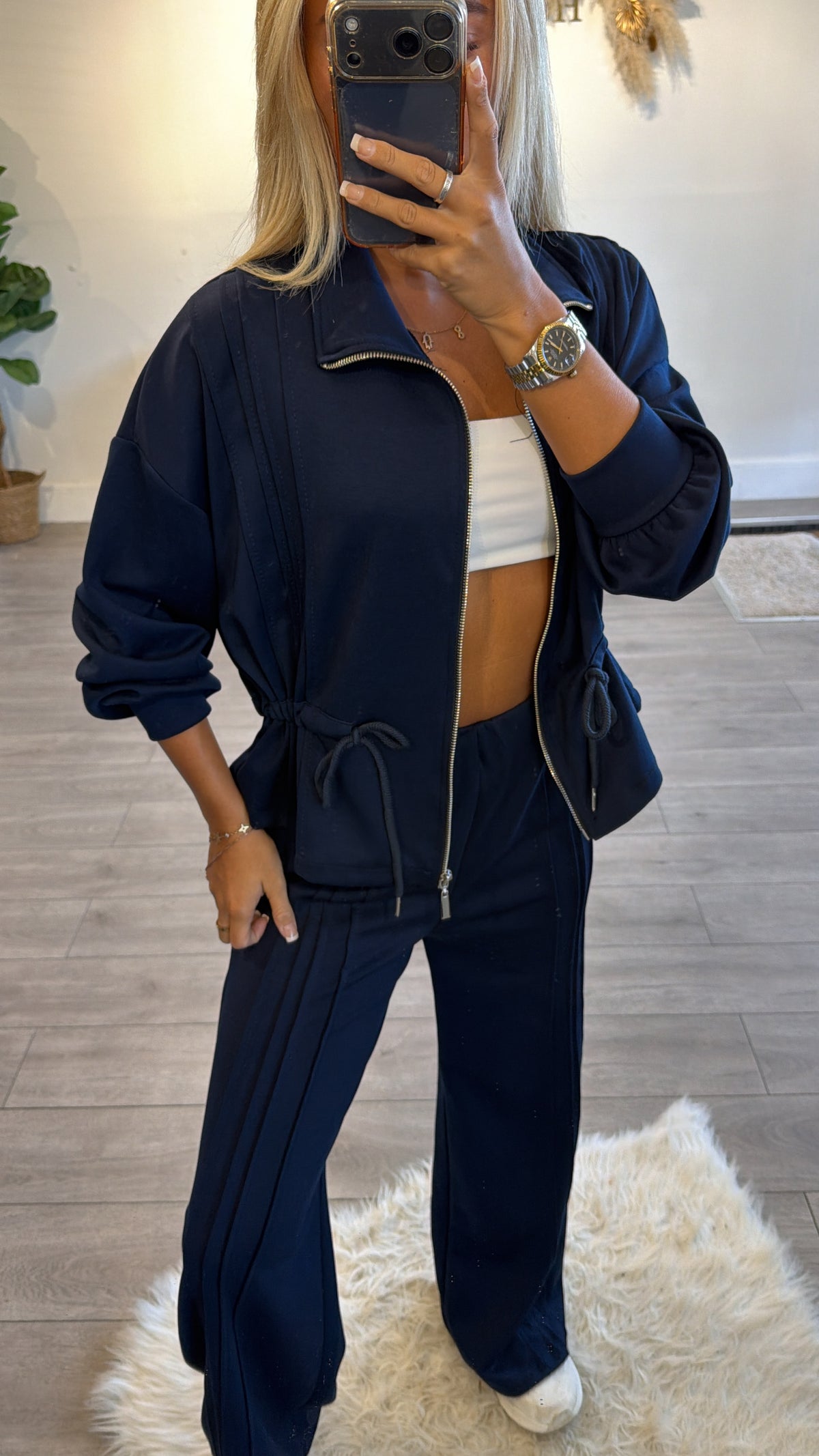 Tie up zip up jacket and trouser loungewear set navy