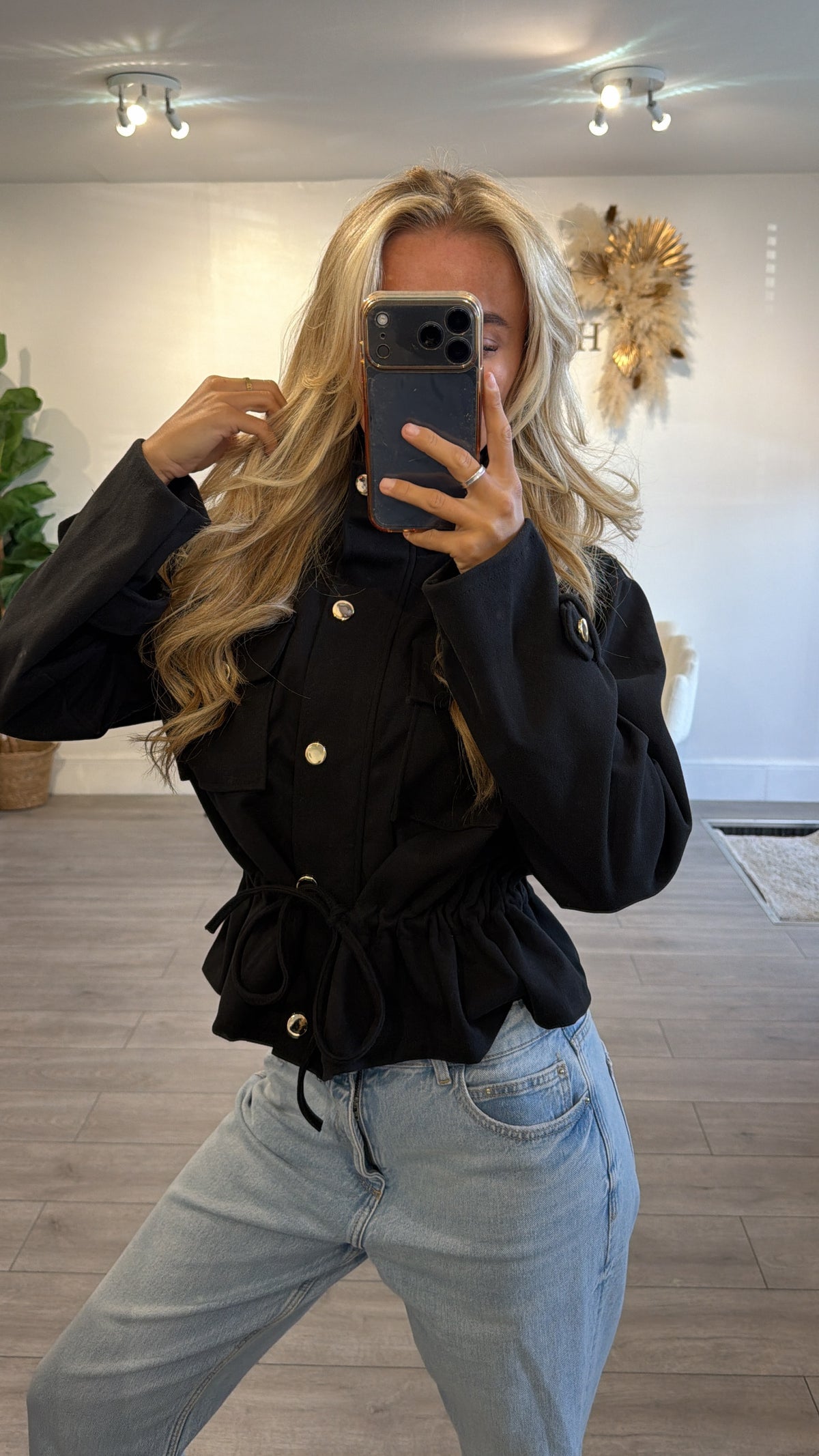 Cinched waist gold button jacket black