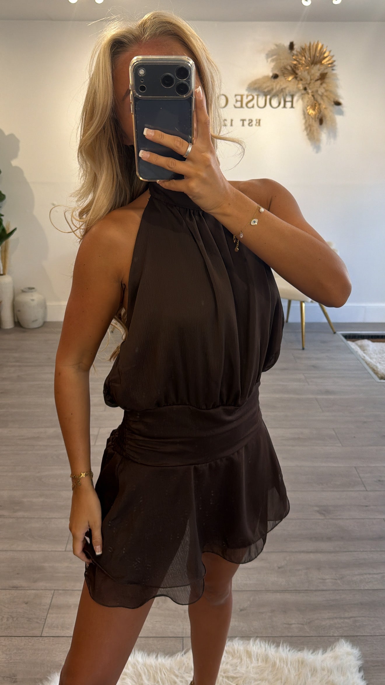 Halter neck backless playsuit brown