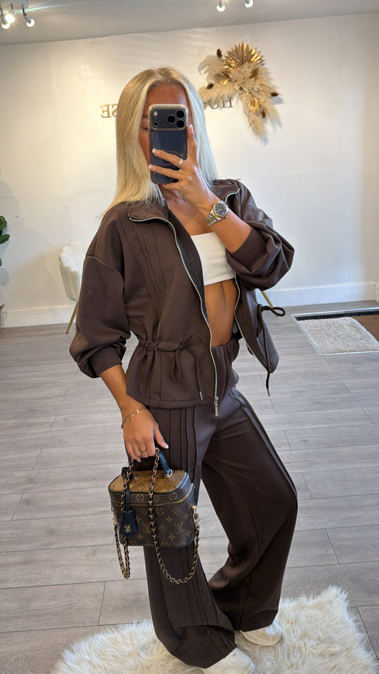 Tie up zip up jacket and trouser loungewear set chocolate