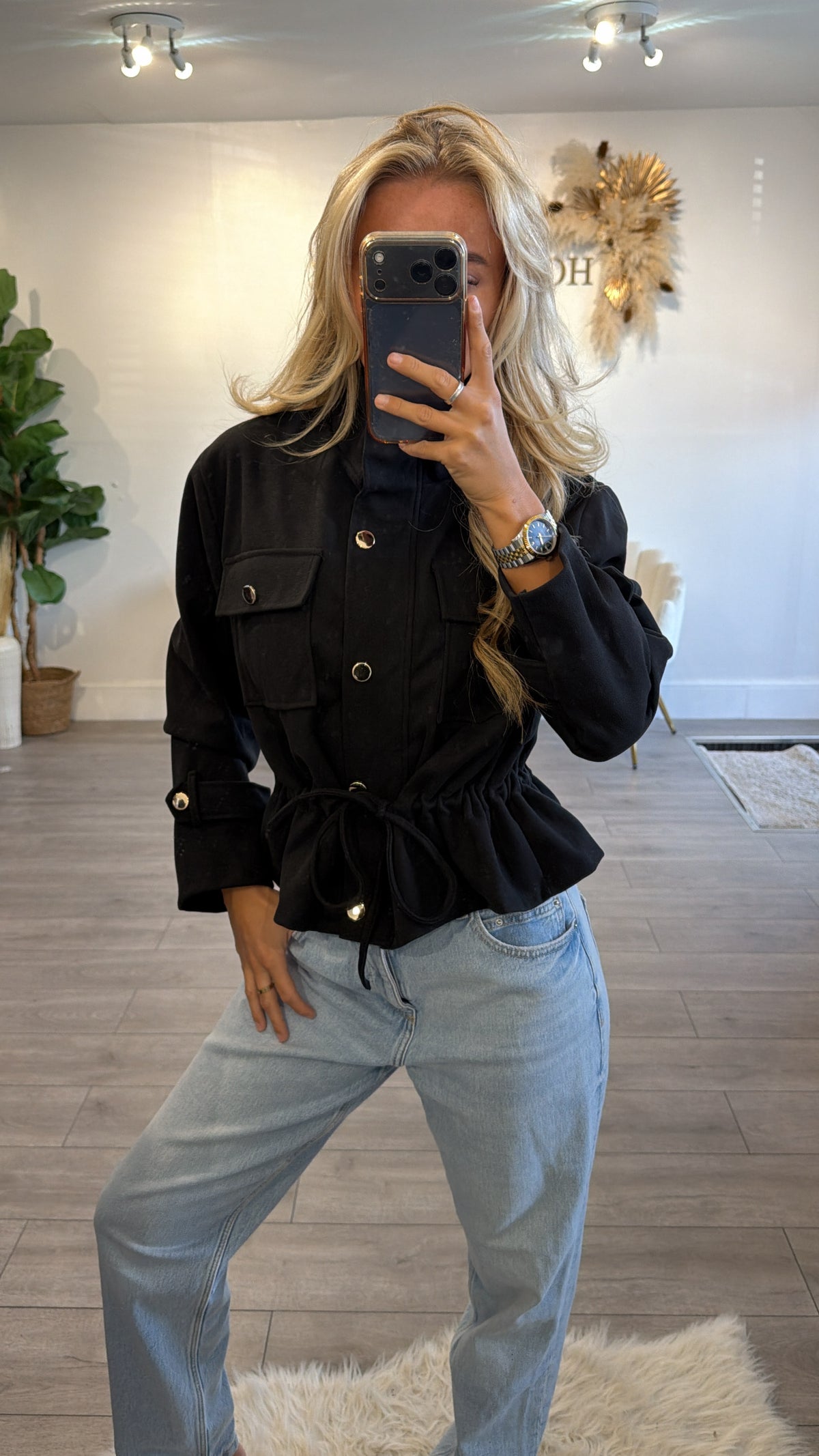 Cinched waist gold button jacket black