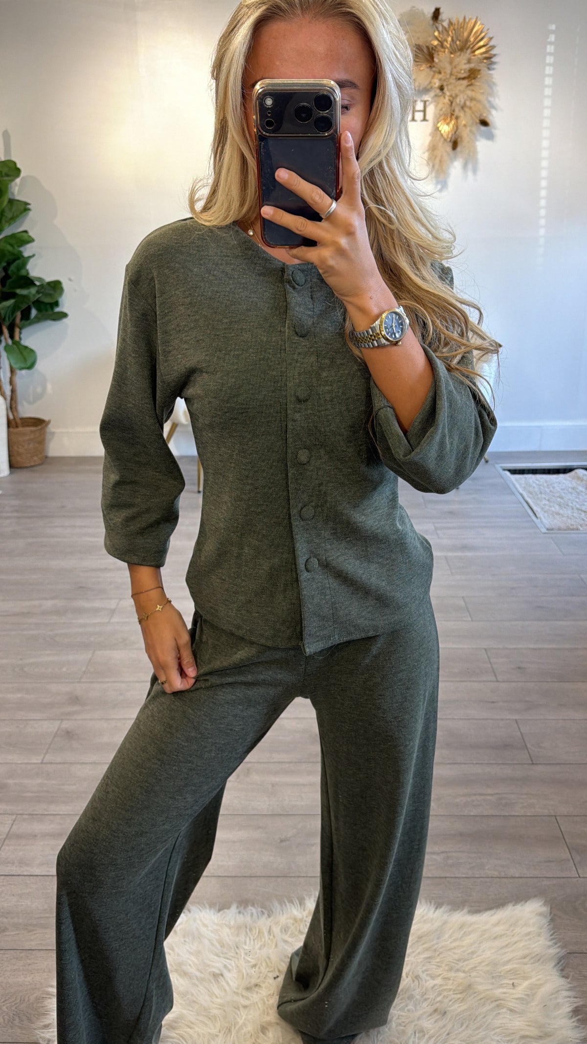 Button up front loungewear coord set khaki