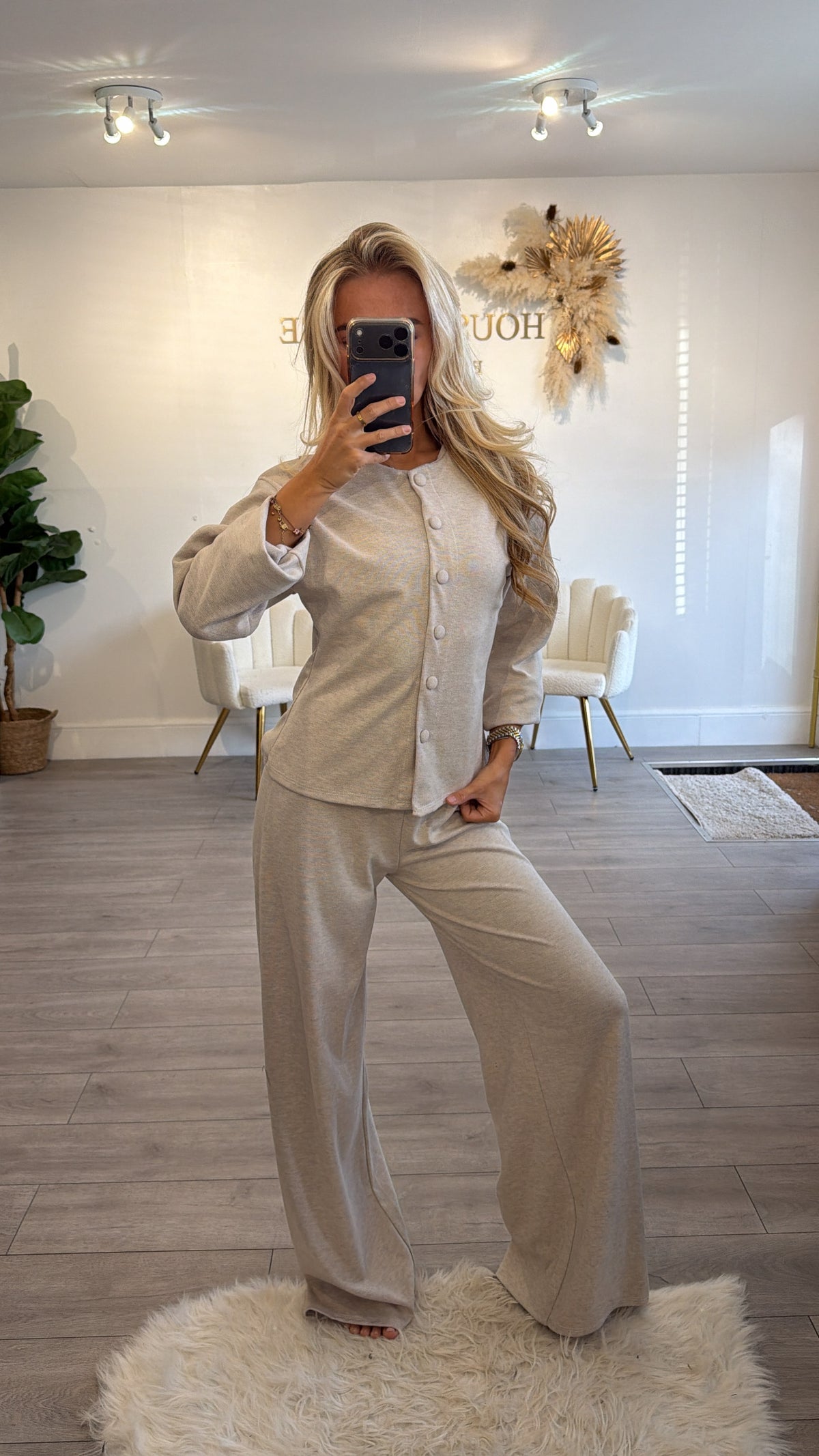 Button up front loungewear coord set beige