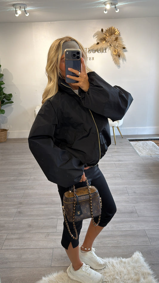 Gold zip up puffer bomber jacket black
