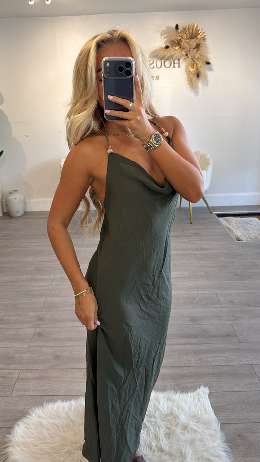 Beaded backless maxi dresses khaki
