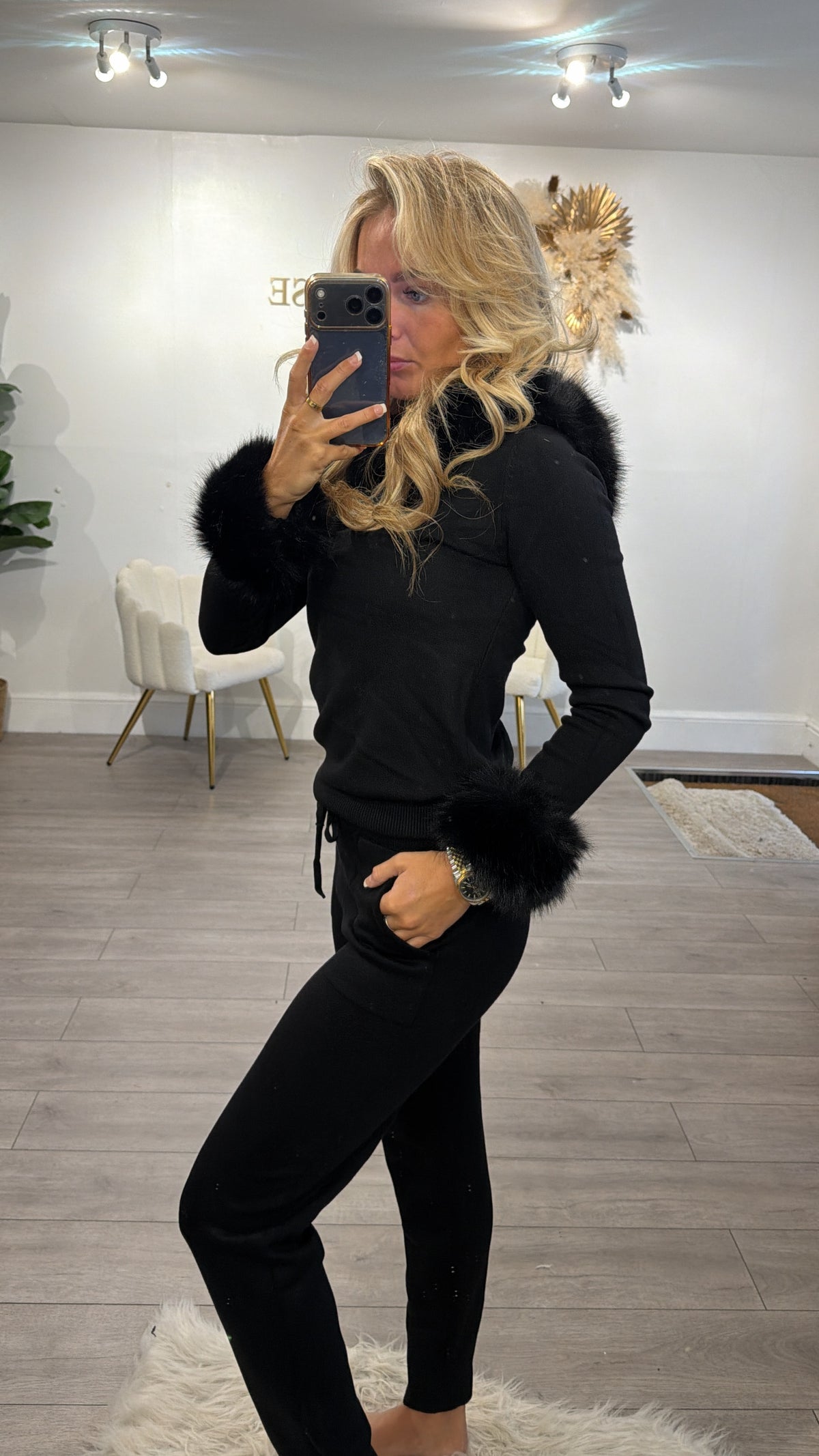 Luxury Faux Fur Trimmed Hoodie and Joggers Set black