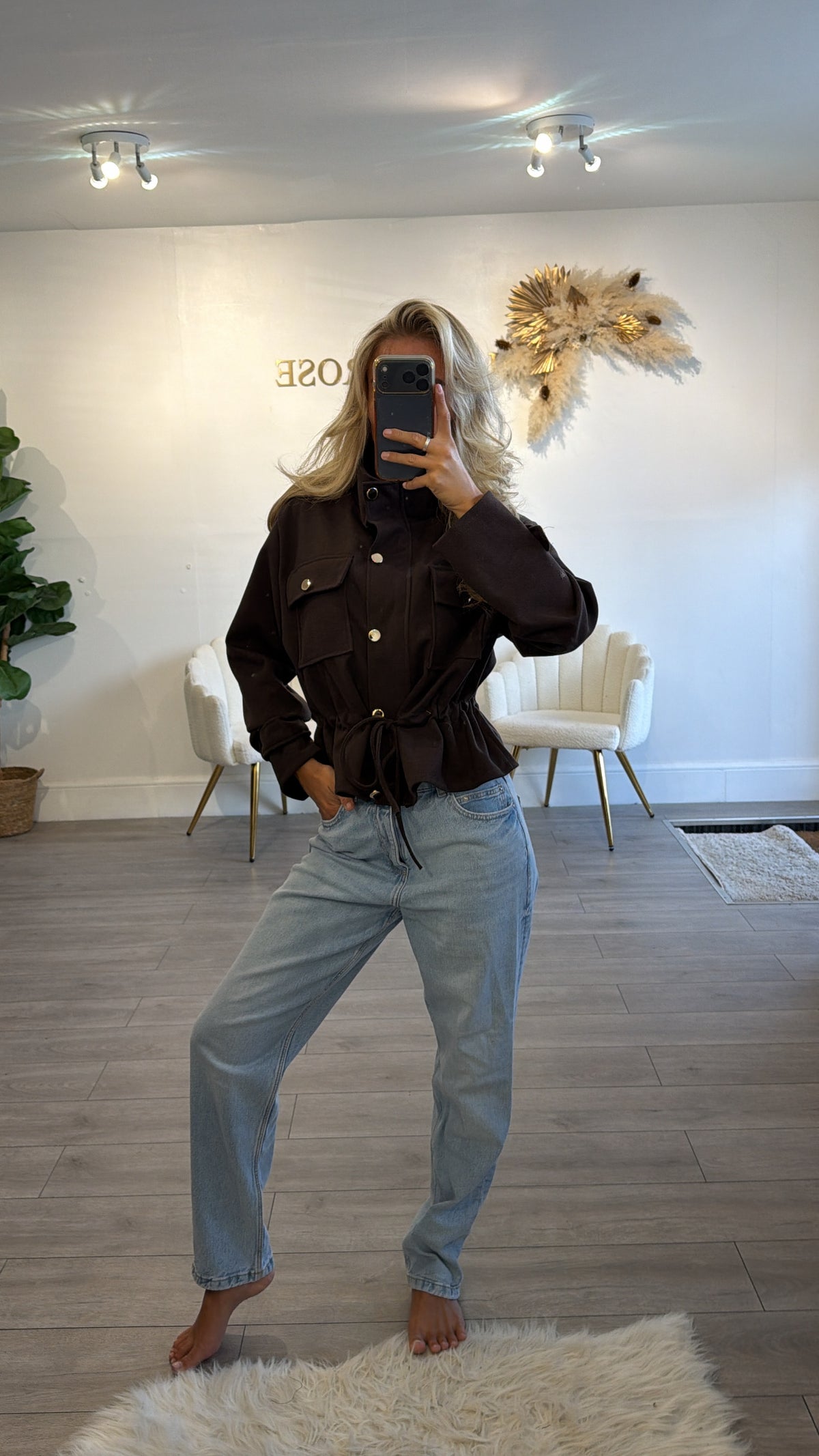 Cinched waist gold button jacket chocolate
