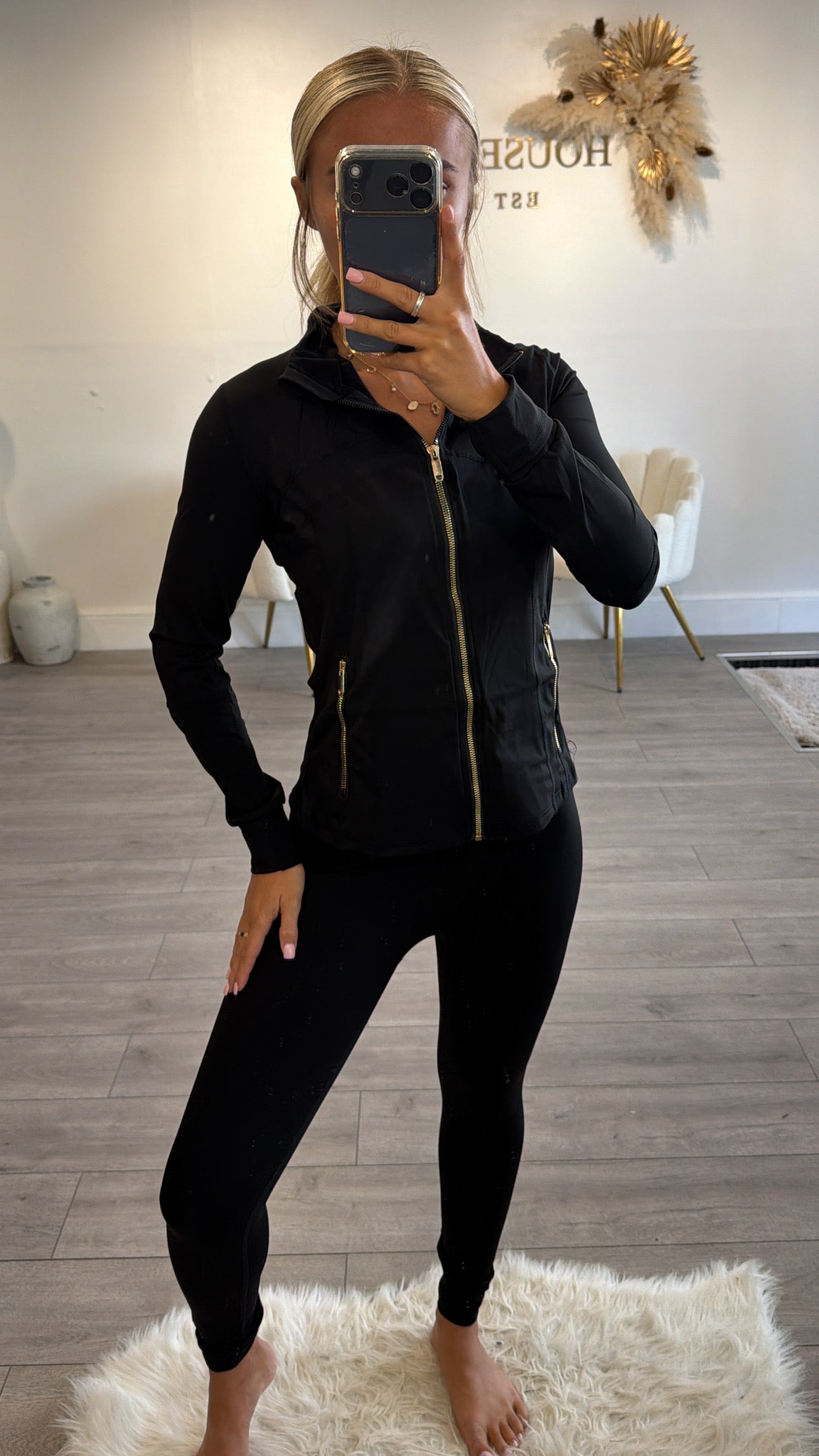 Gold zip up gym jacket and leggings set black