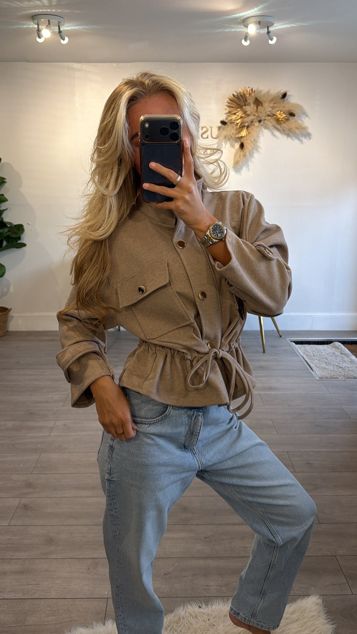 Cinched waist gold button jacket taupe