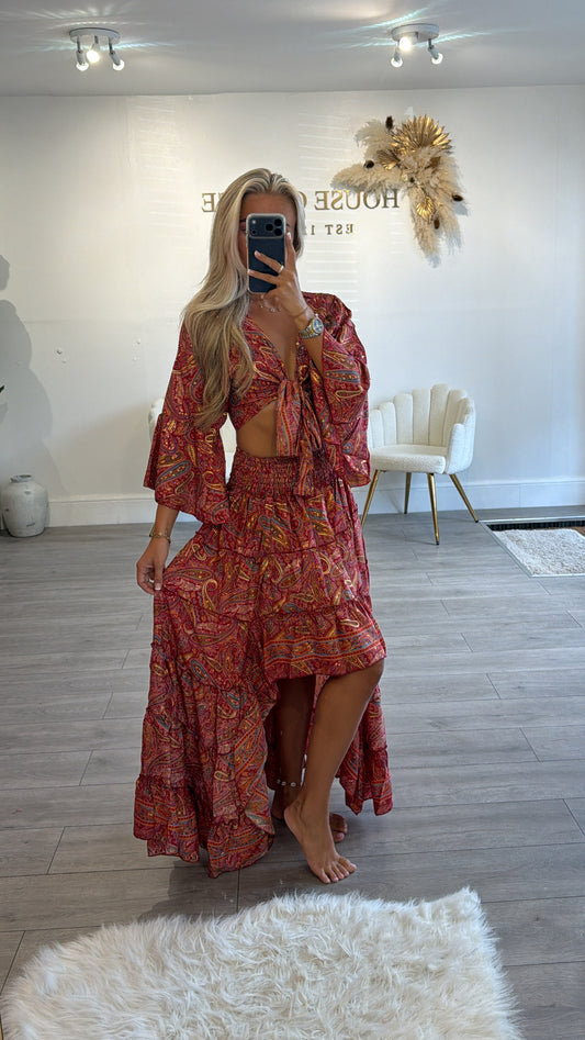 Tie up crop top and ruffle skirt coord set red