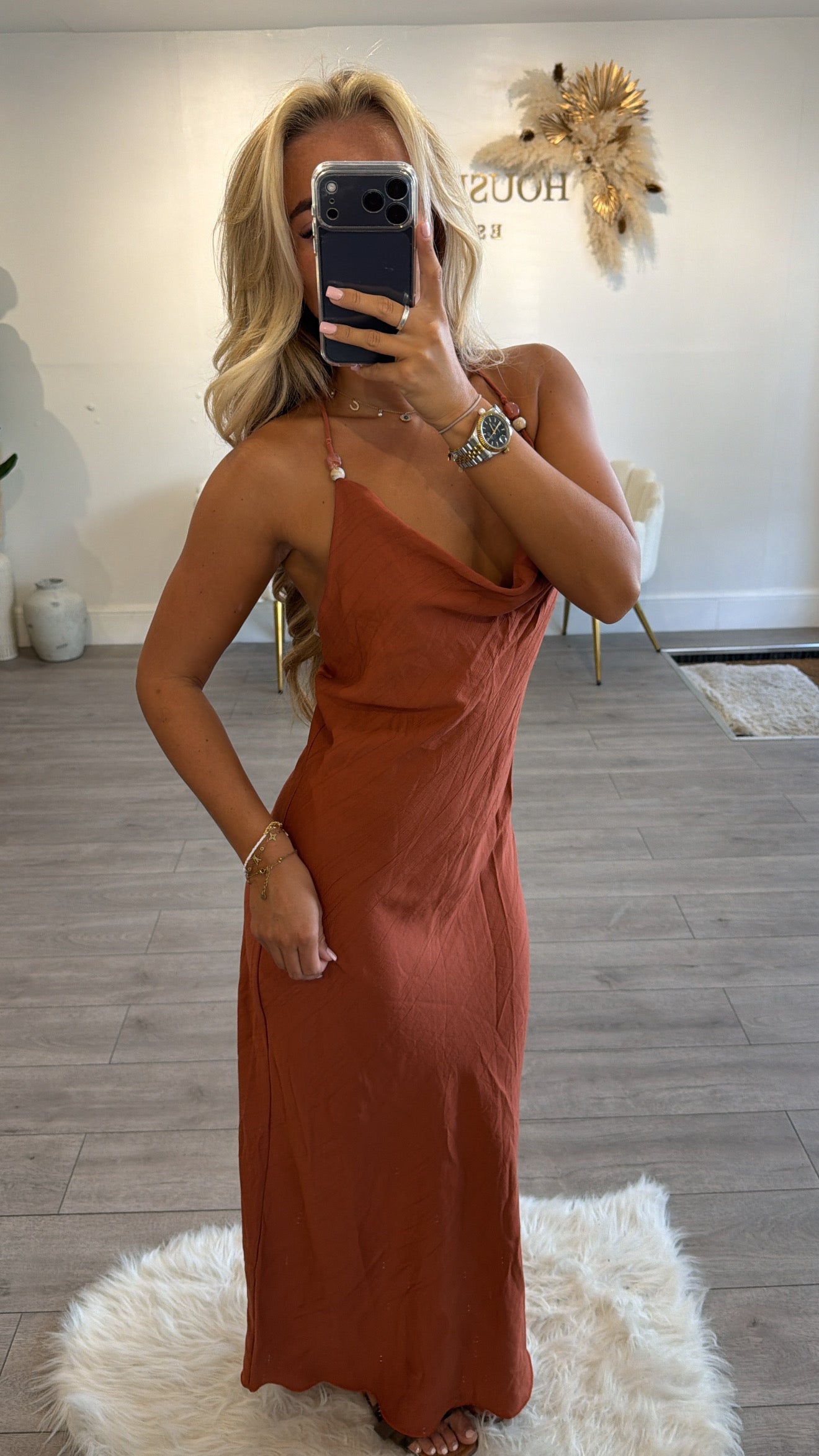 Beaded backless maxi dresses rust