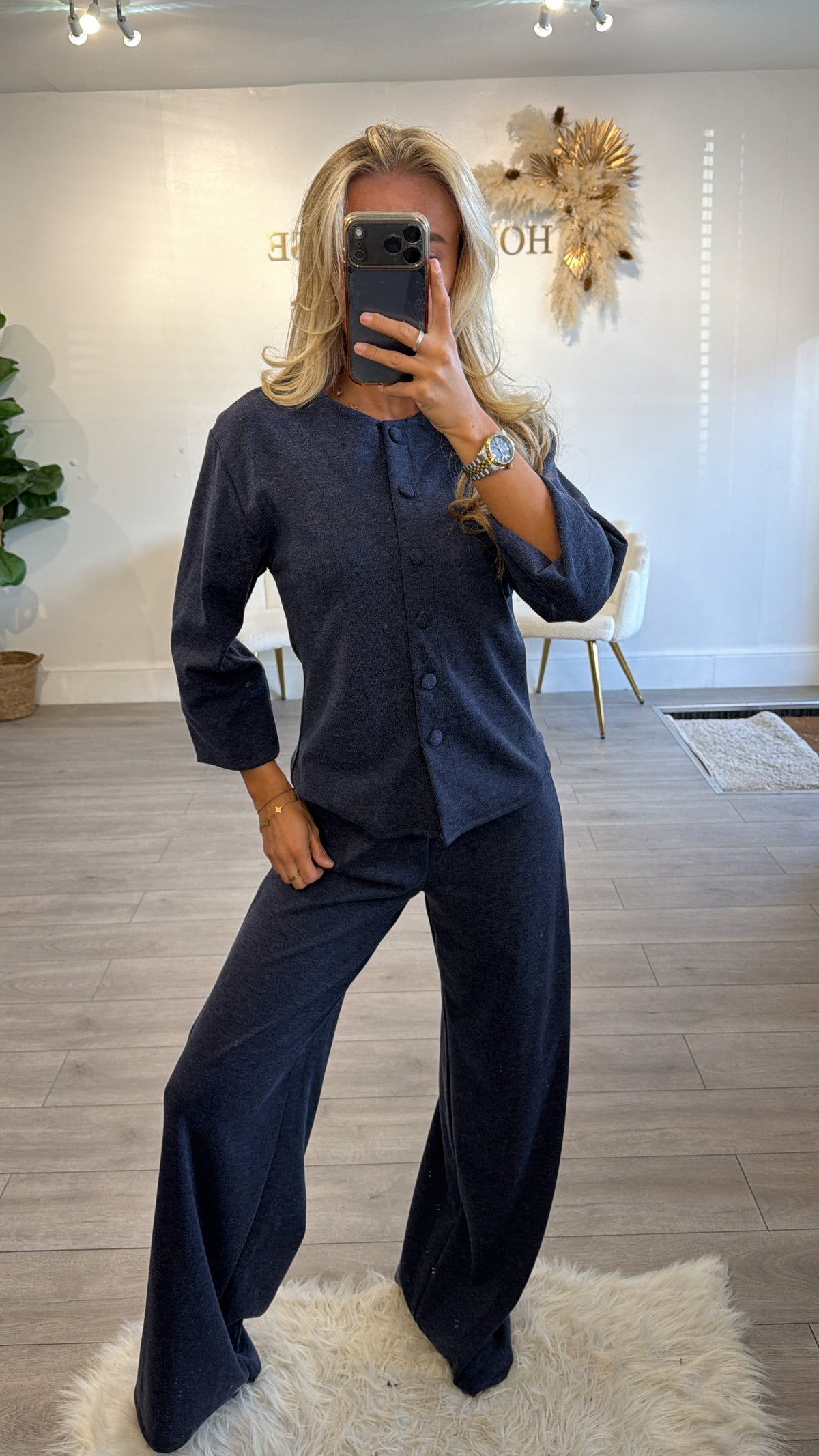 Button up front loungewear coord set navy