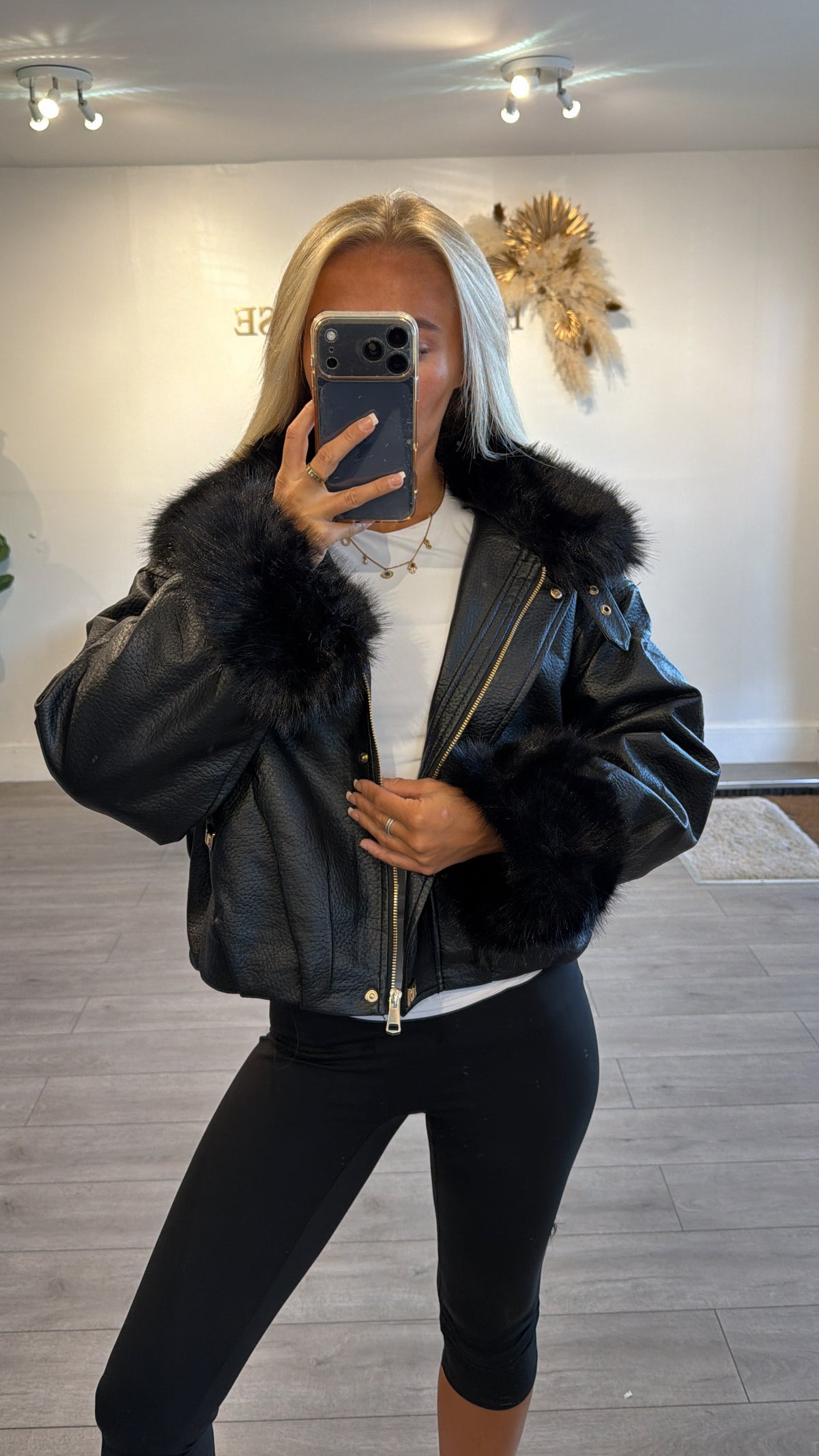 Faux leather jacket with faux fur trims black