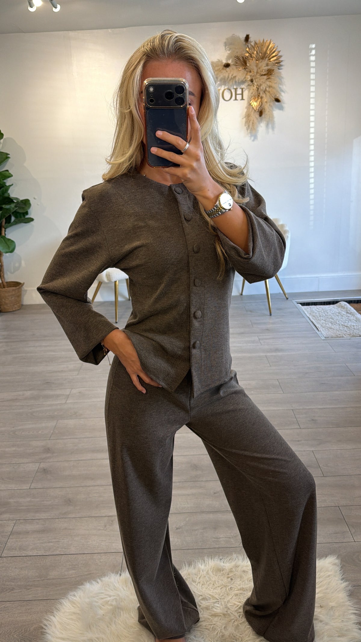 Button up front loungewear coord set chocolate