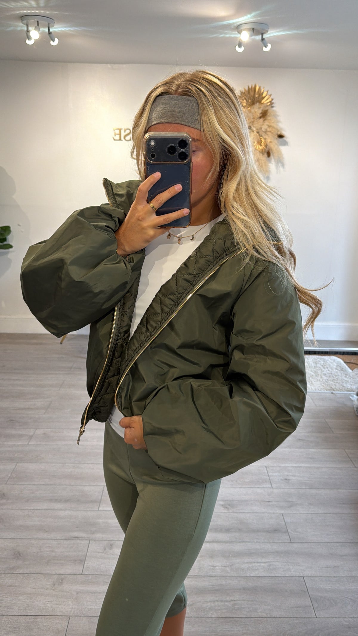 Gold zip up puffer bomber jacket khaki
