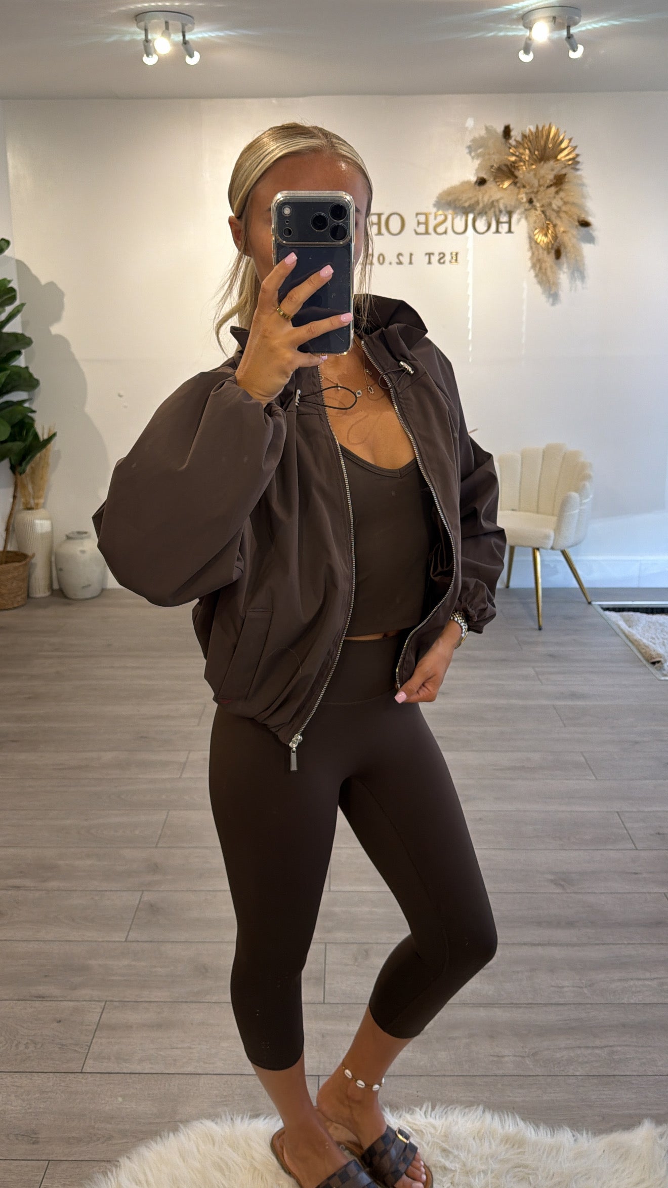Cinched windbreaker style jacket brown