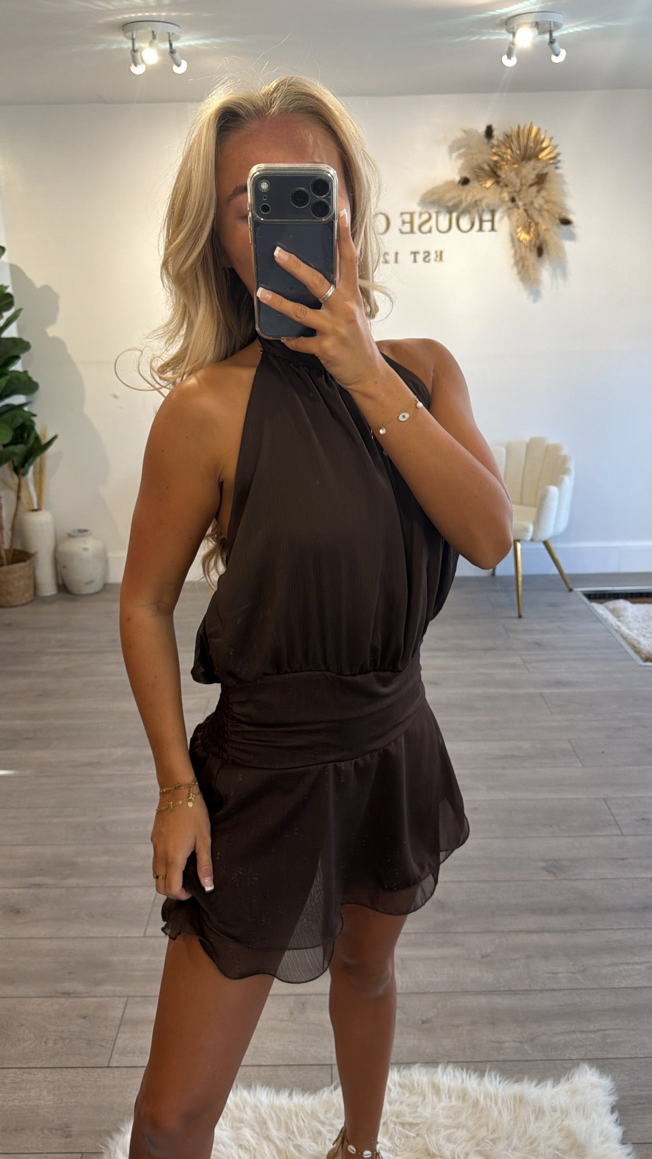 Halter neck backless playsuit brown