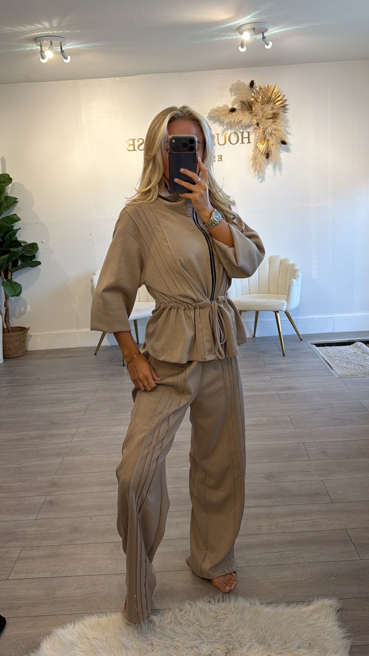 Tie up zip up jacket and trouser loungewear set taupe