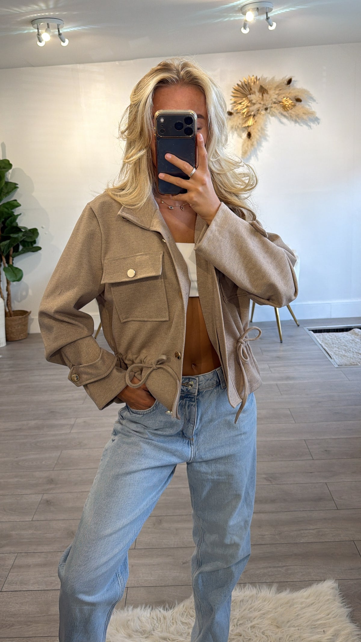 Cinched waist gold button jacket taupe