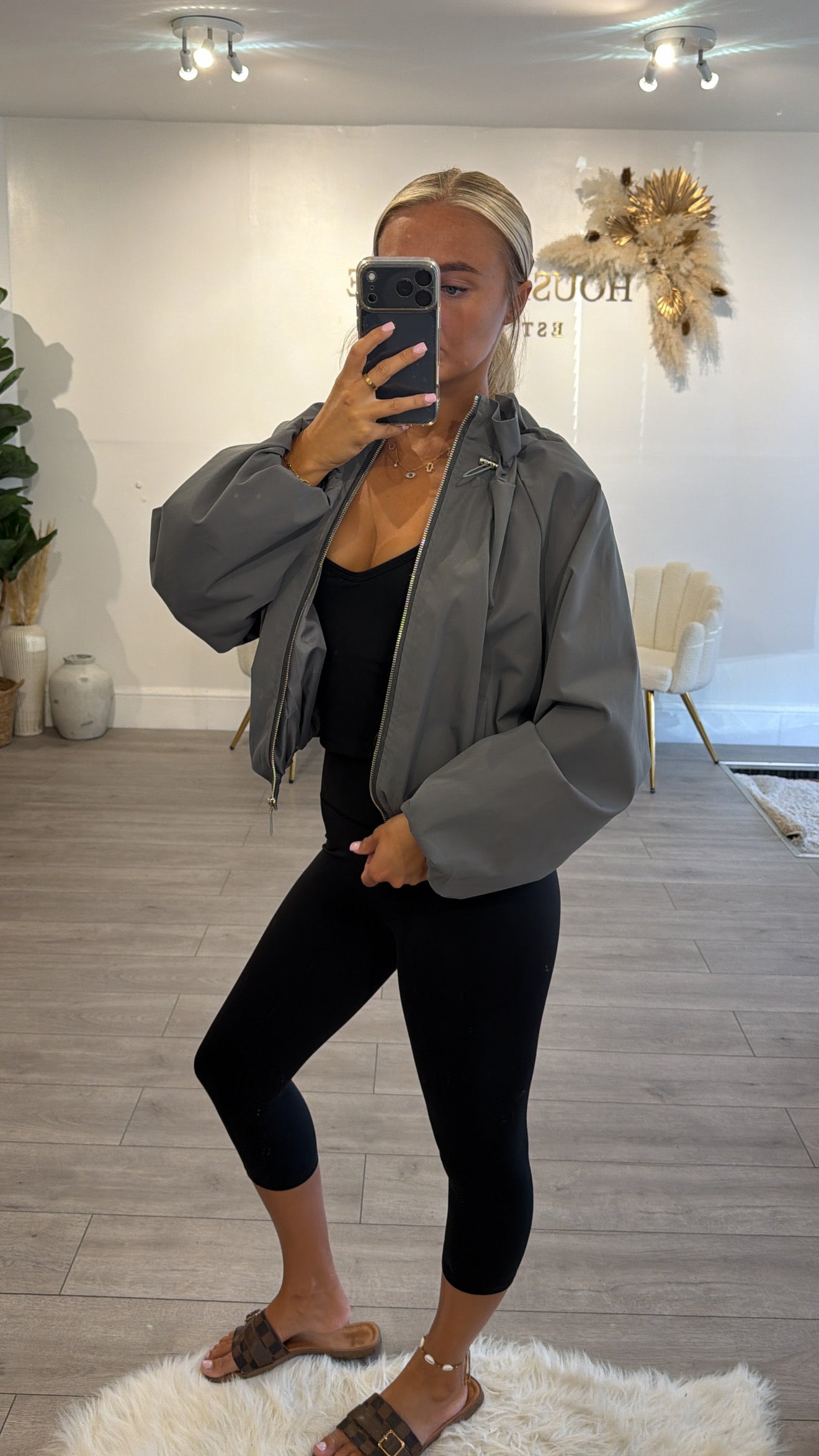Cinched windbreaker style jacket charcoal