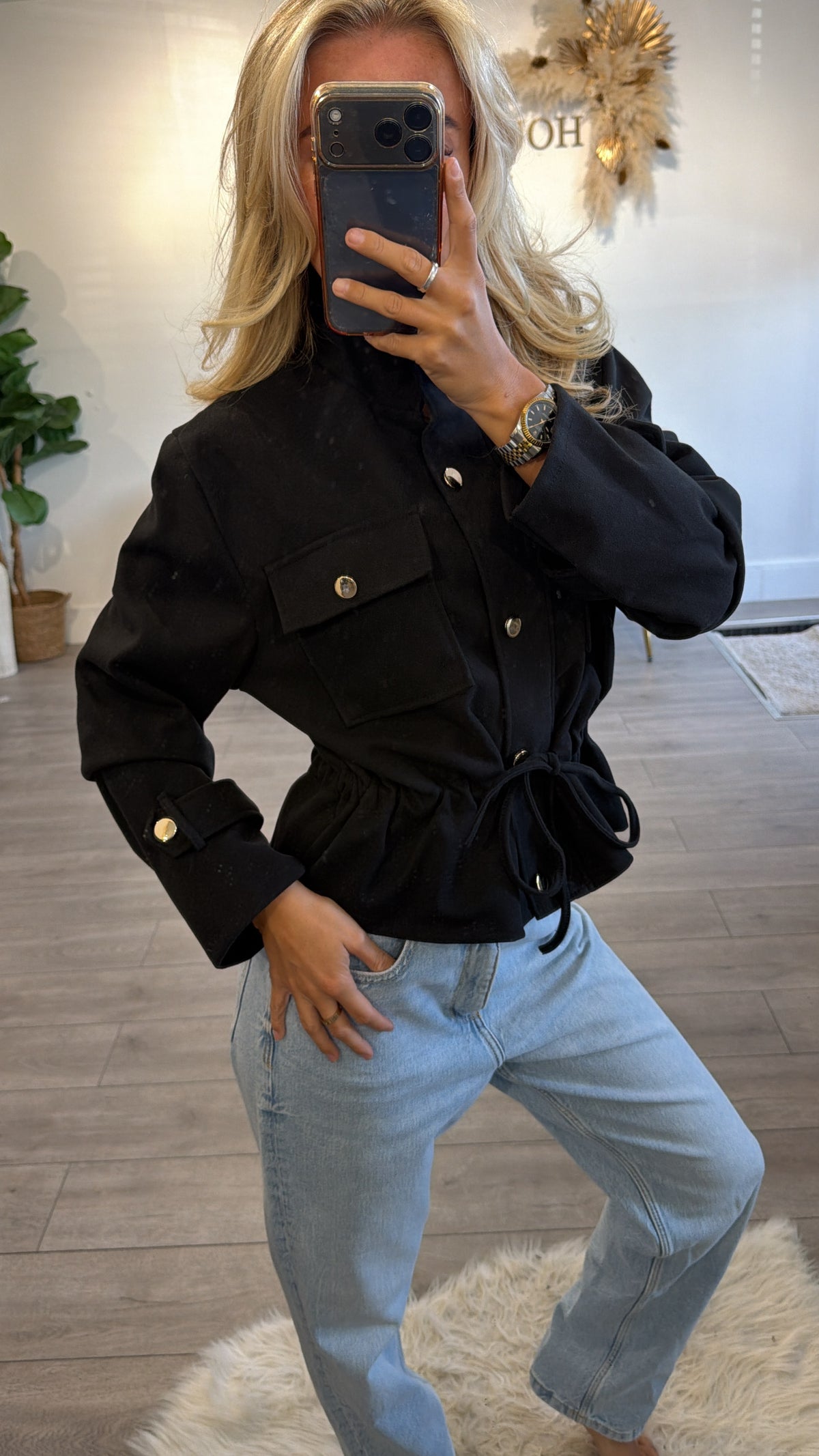 Cinched waist gold button jacket black