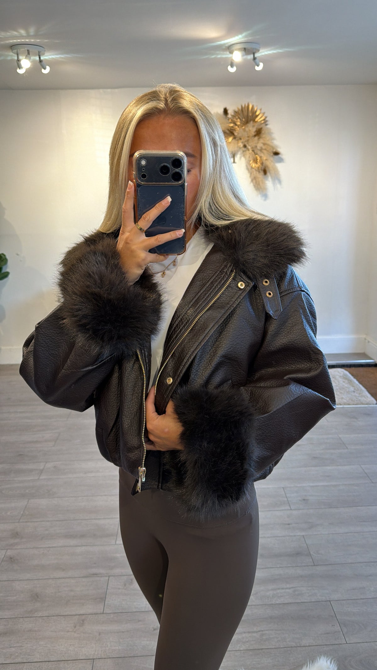 Faux leather jacket with faux fur trims brown