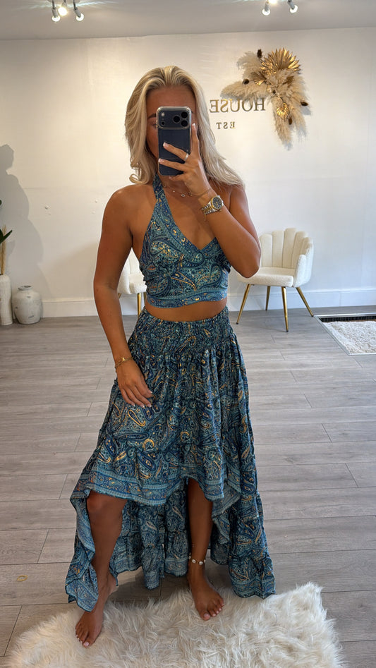 Halter neck tie up top and matching ruffle skirt blue