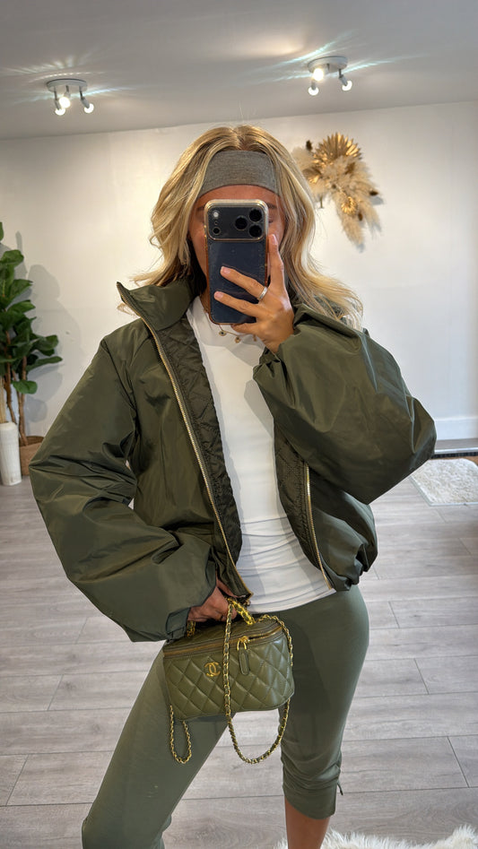 Gold zip up puffer bomber jacket khaki