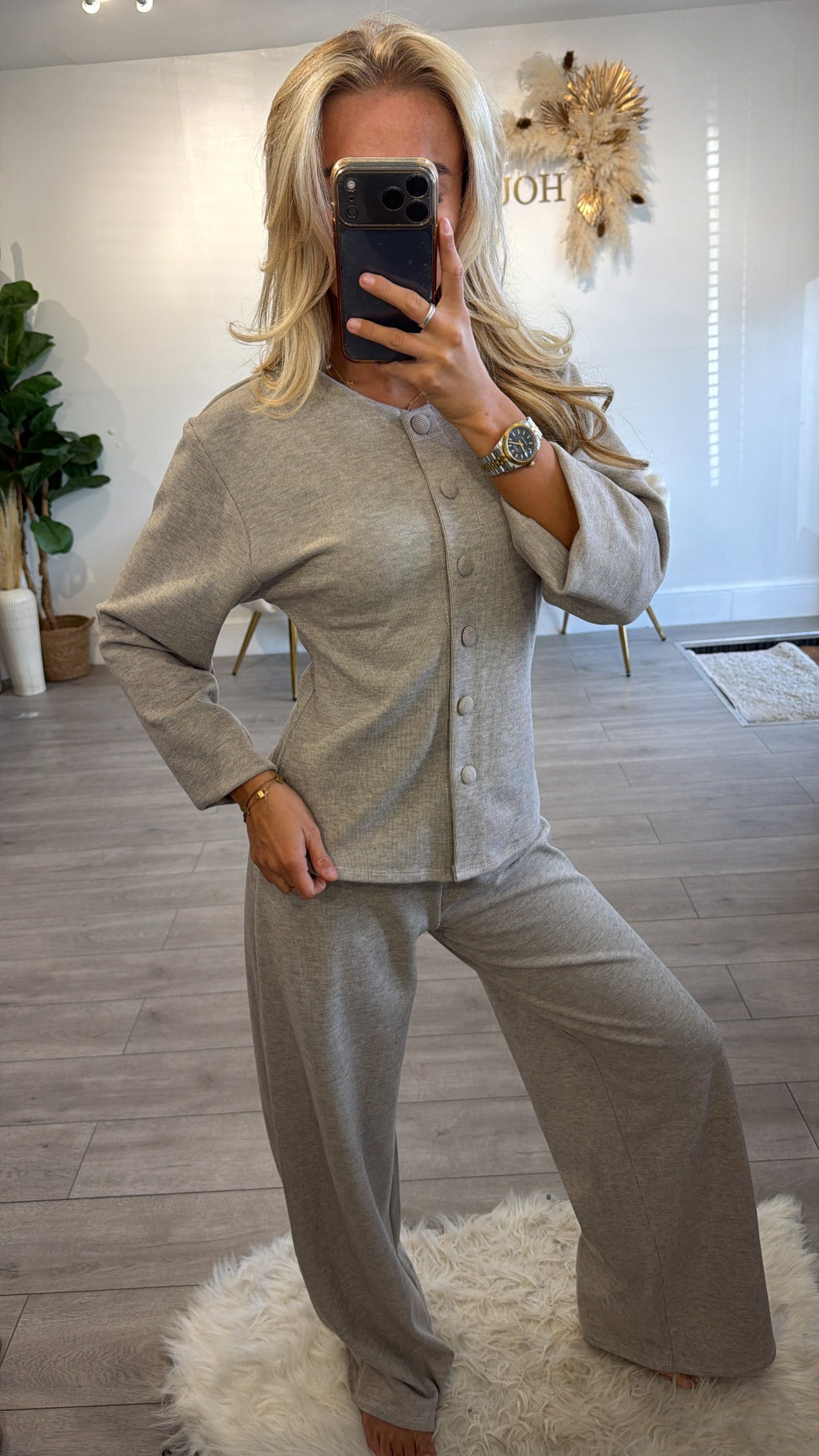Button up front loungewear coord set taupe