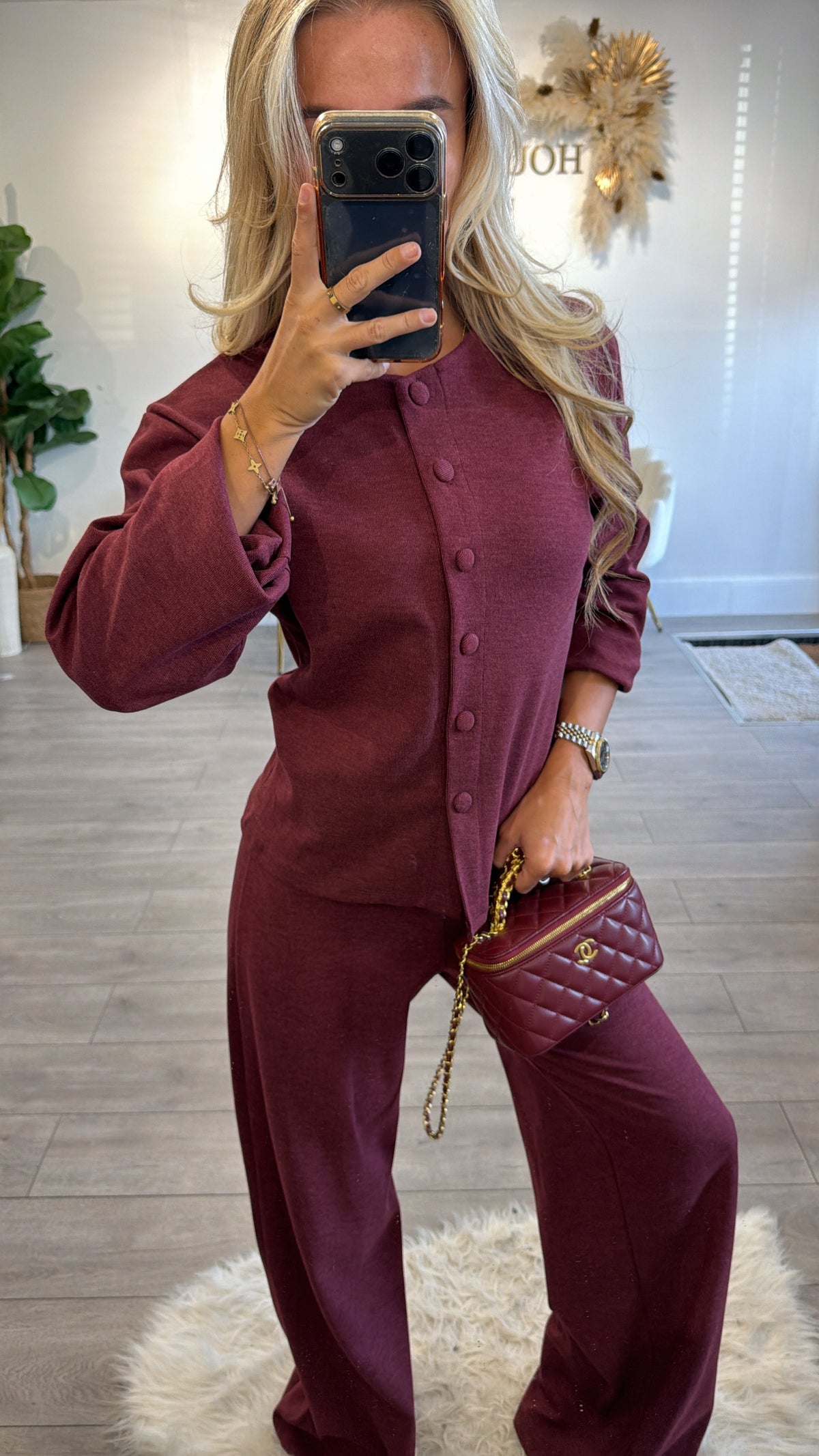 Button up front loungewear coord set burgundy