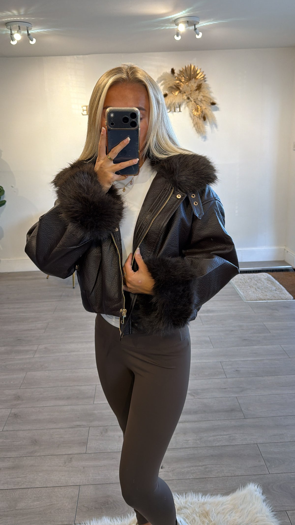 Faux leather jacket with faux fur trims brown