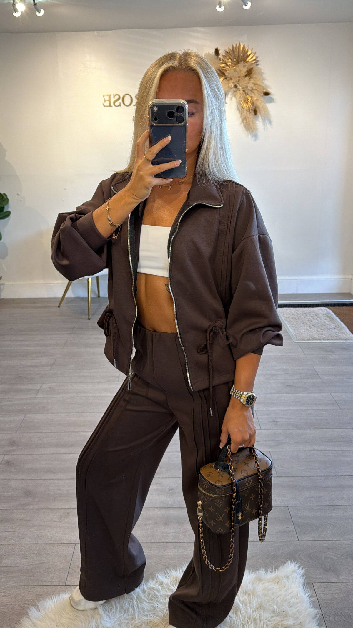 Tie up zip up jacket and trouser loungewear set chocolate